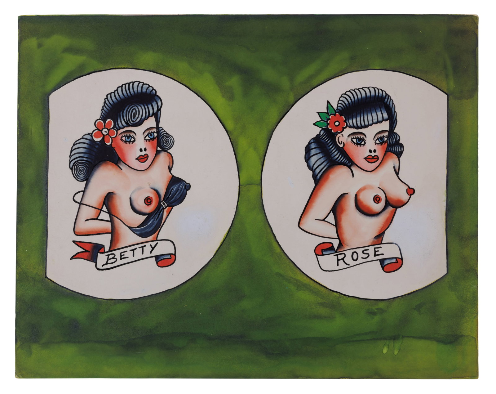 Betty and Rose Nude Pin-Up Tattoo Designs by Bert Grimm (St. Louis, ca. 1940) 11 x 14 in. (27.9 x (1 of 2)