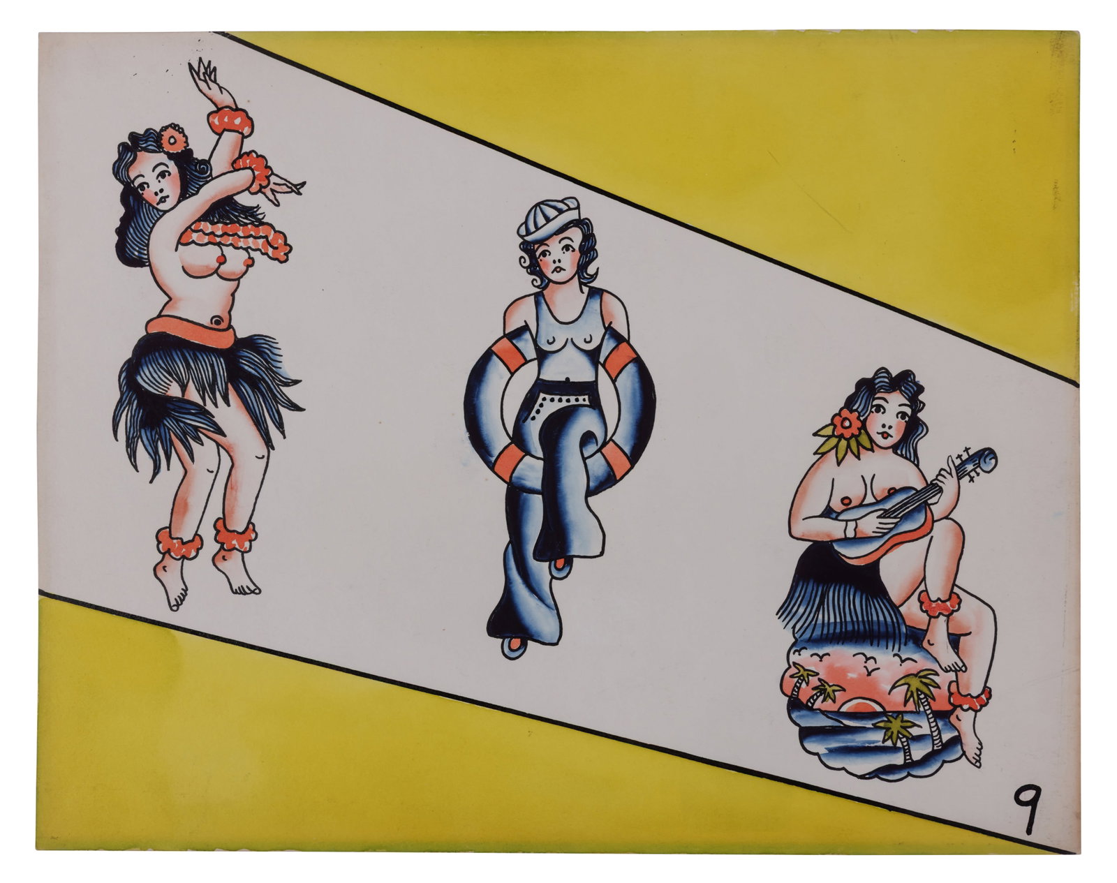 Sailor Girl and Hula Girl Pin-Ups by Bert Grimm [Folk Art - Outsider] (St. Louis, ca. 1940) 11 x 14 (1 of 2)