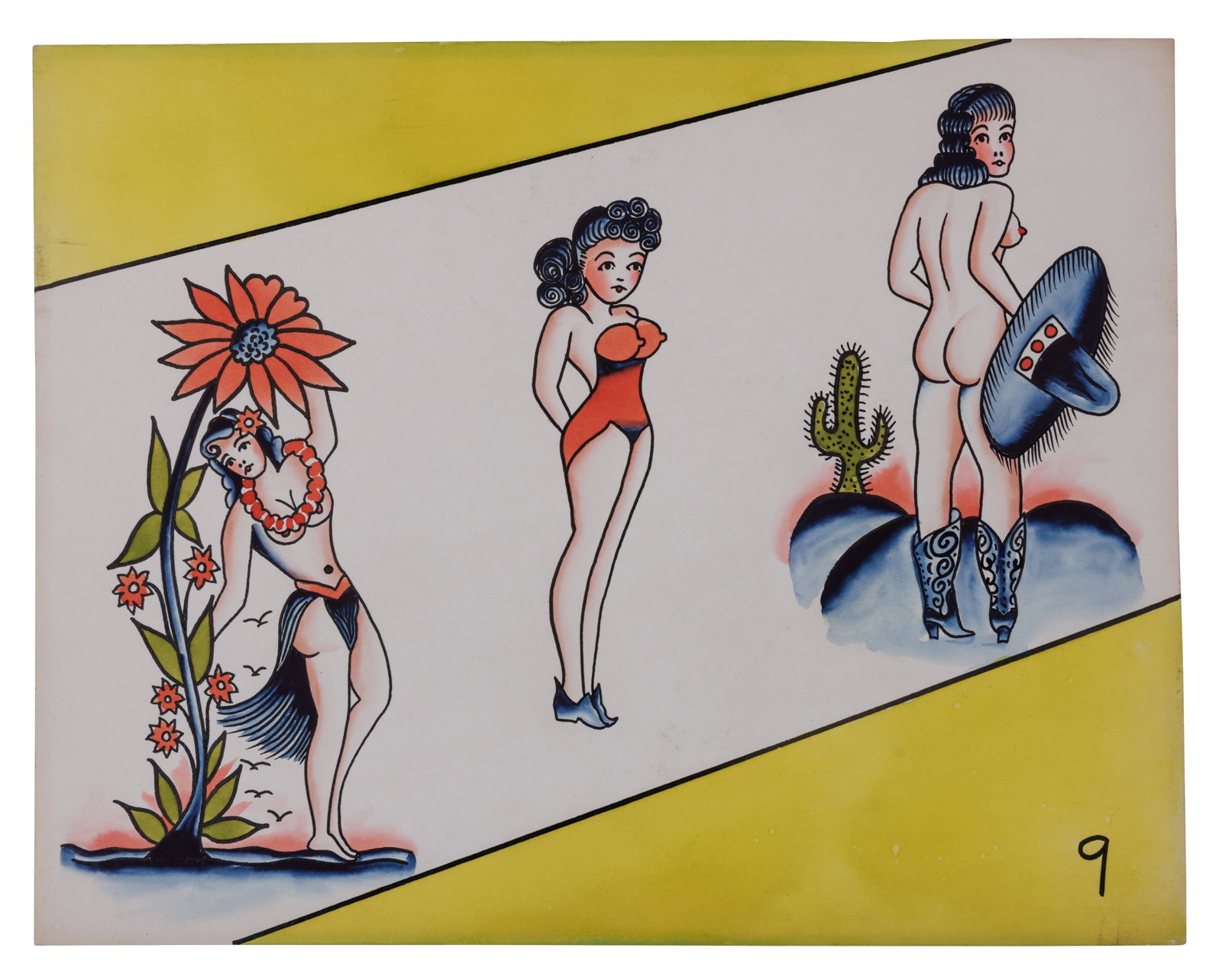 Cowgirl and Other Pin-Up Tattoo Designs by Bert Grimm [Folk Art - Outsider] (St. Louis, ca. 1940) 11 (1 of 2)