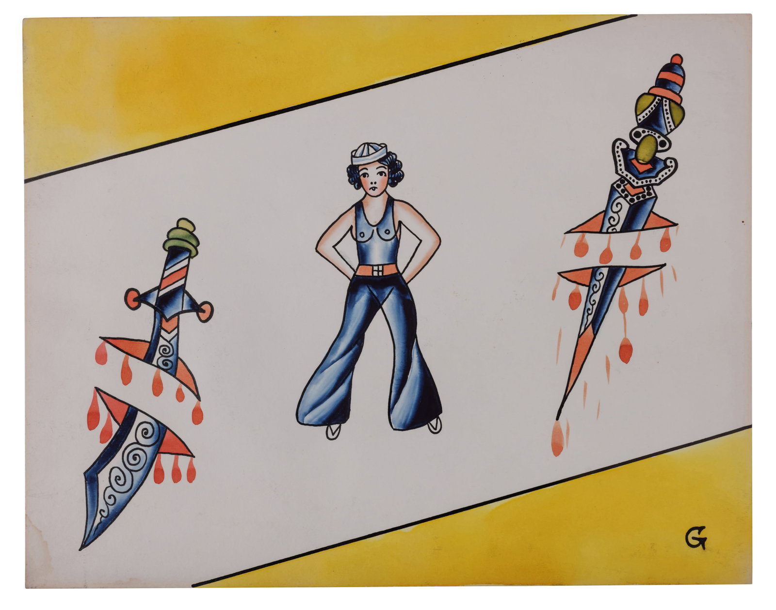 Sailor Girl and Daggers Tattoo Designs by Bert Grimm [Folk Art - Outsider] (St. Louis, ca. 1940) 11: Sailor Girl and Daggers Tattoo Designs by Bert Grimm [Folk Art - Outsider] (St. Louis, ca. 1940) Hand-painted tattoo flash by Bert Grimm (1900-1985), St. Louis, Missouri, ca. 1940. Verso with collecti