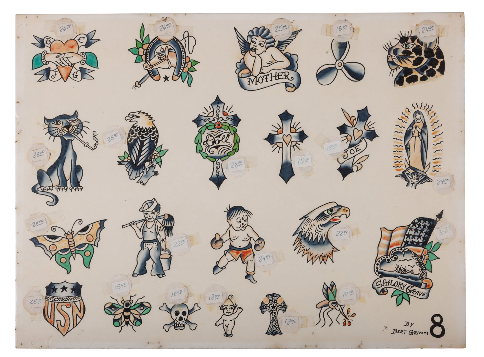 Smoking Cat and Other Tattoo Designs by Bert Grimm [Folk Art - Outsider - Nu-Pike] (Long Beach, ca. (1 of 2)