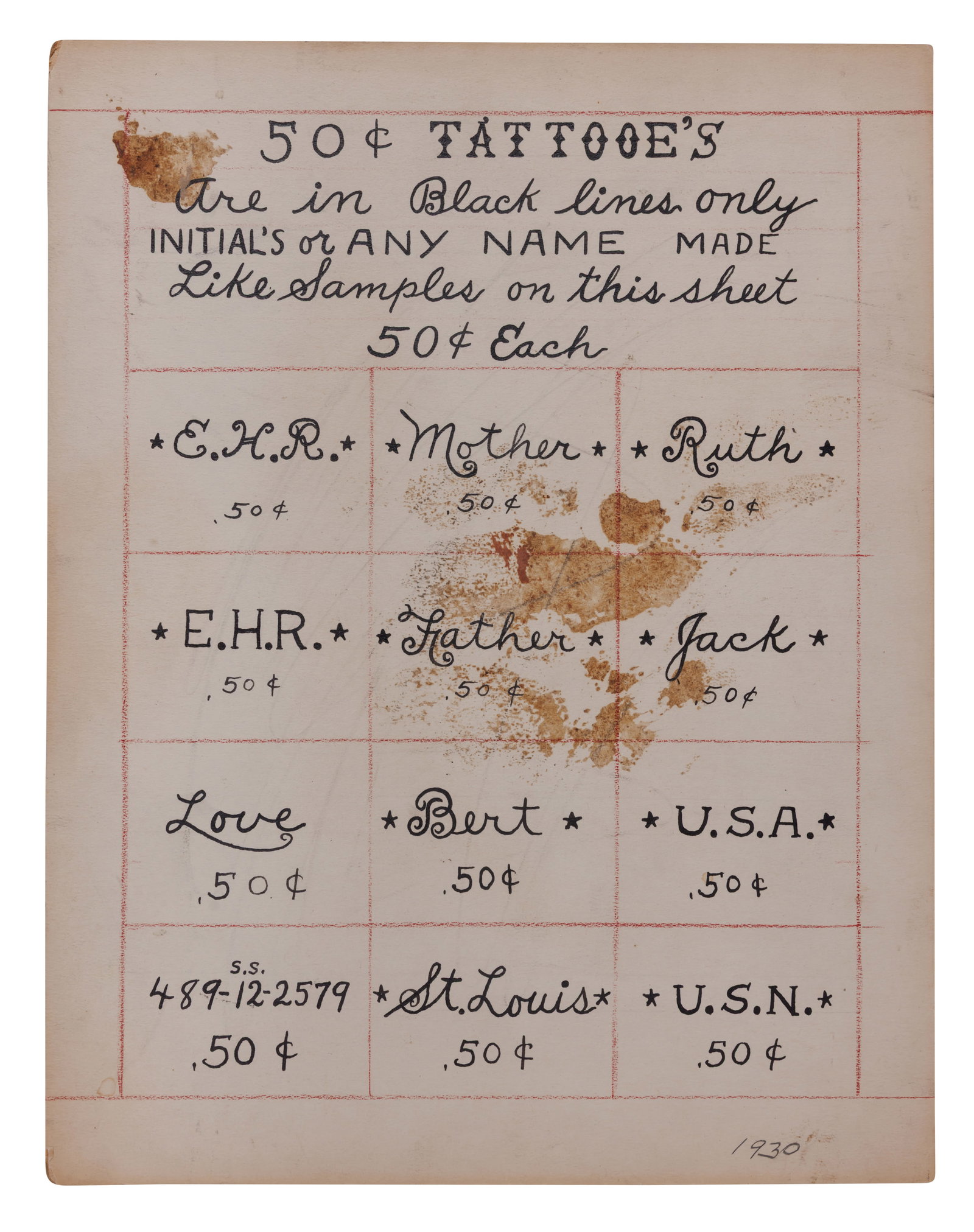 "50 cent Tattoos" by Bert Grimm [Trade Sign - Tattoo - Folk Art] (St. Louis, ca. 1935) 14 x 10 3/4 (1 of 2)