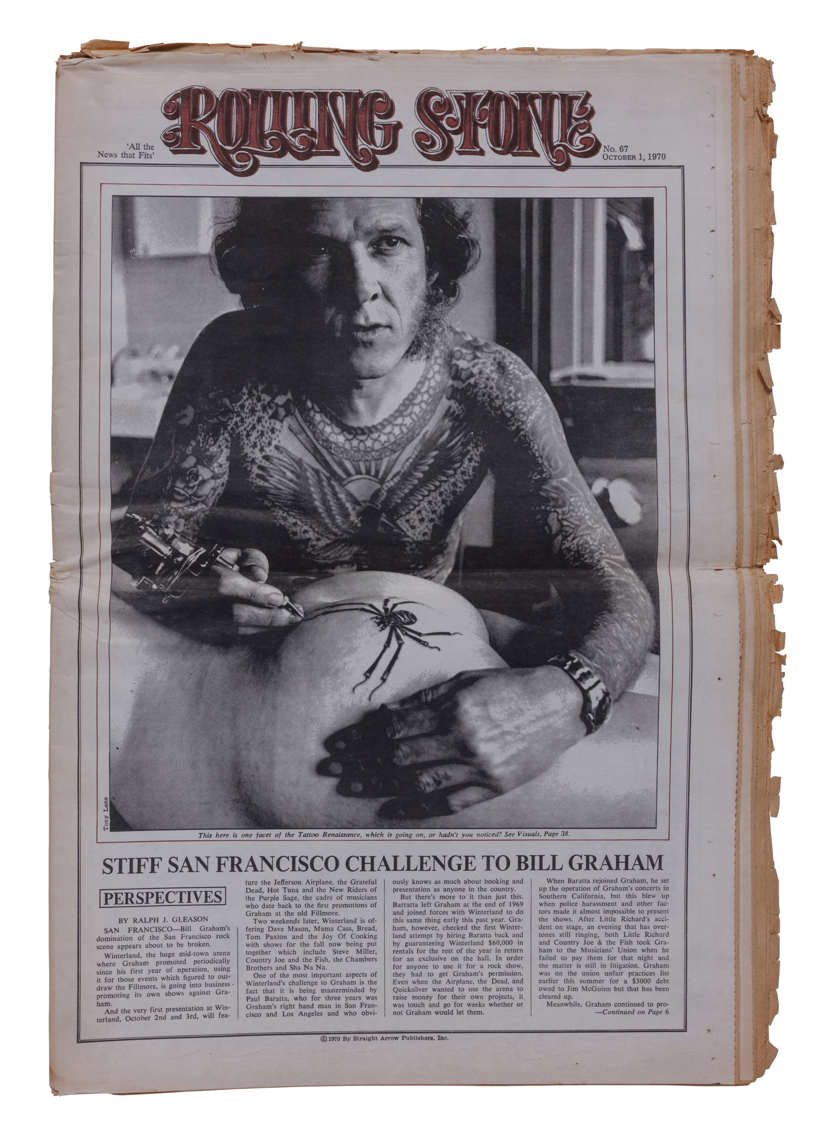Rolling Stone Magazine with Tattoo Artist Lyle Tuttle (San Francisco, 1970) 17 x 12 in. (43.2 x 30.5: Rolling Stone Magazine with Tattoo Artist Lyle Tuttle (San Francisco, 1970) Original Rolling Stone magazine with pictorial cover featuring tattoo artist Lyle Tuttle (1931-2019). No. 67 (New York: Stra