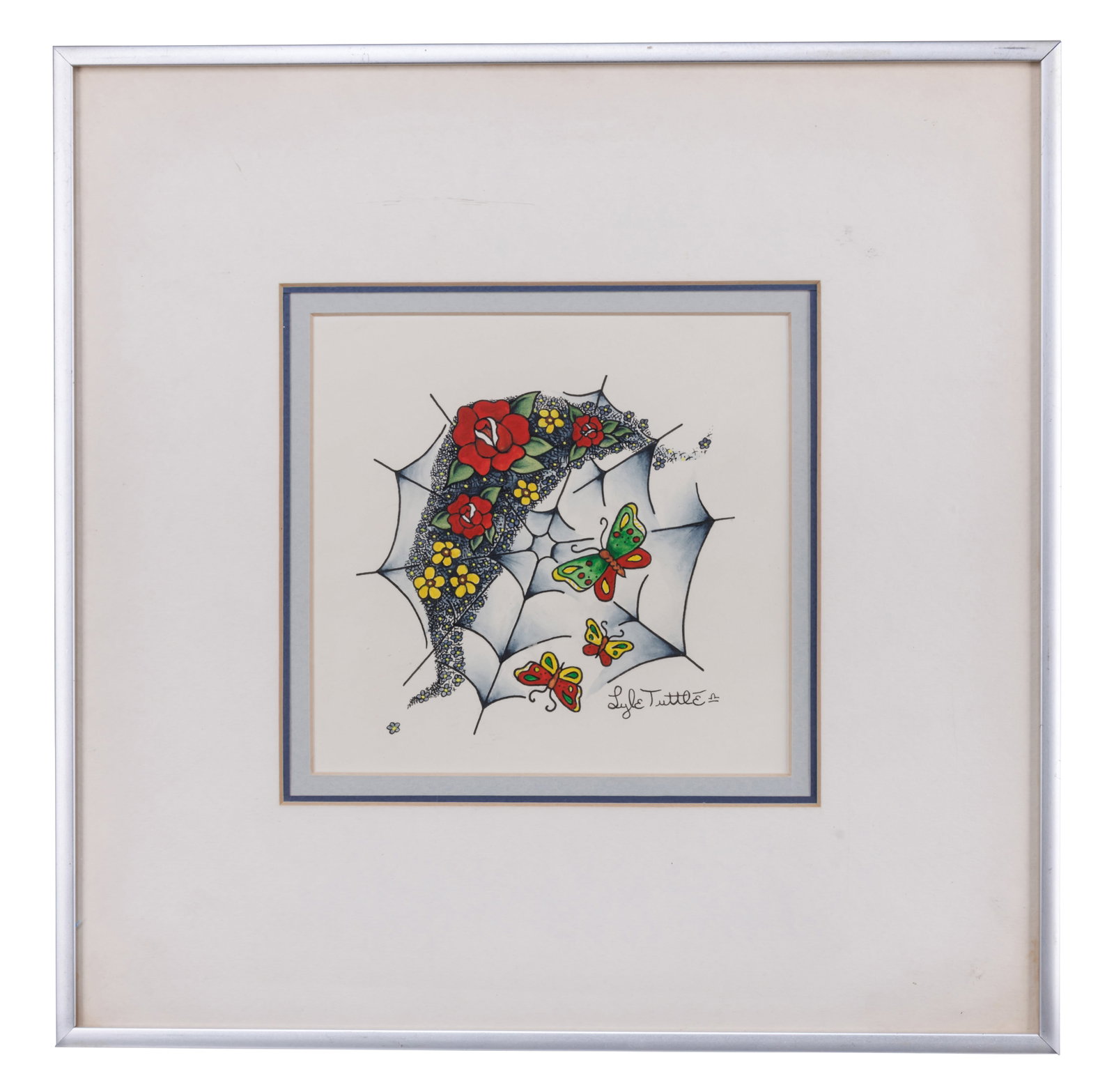 Spider Web with Butterflies Tattoo Design by Lyle Tuttle (San Francisco, ca. 1975) Sight: 6 x 6 in. (1 of 2)