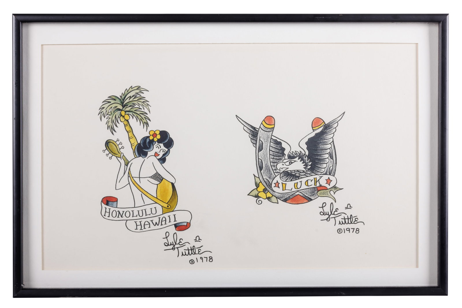 Hawaii and Good Luck Tattoo Designs by Lyle Tuttle (San Francisco, 1978) 7 1/4 x 12 in. (18.4 x 30.5 (1 of 2)