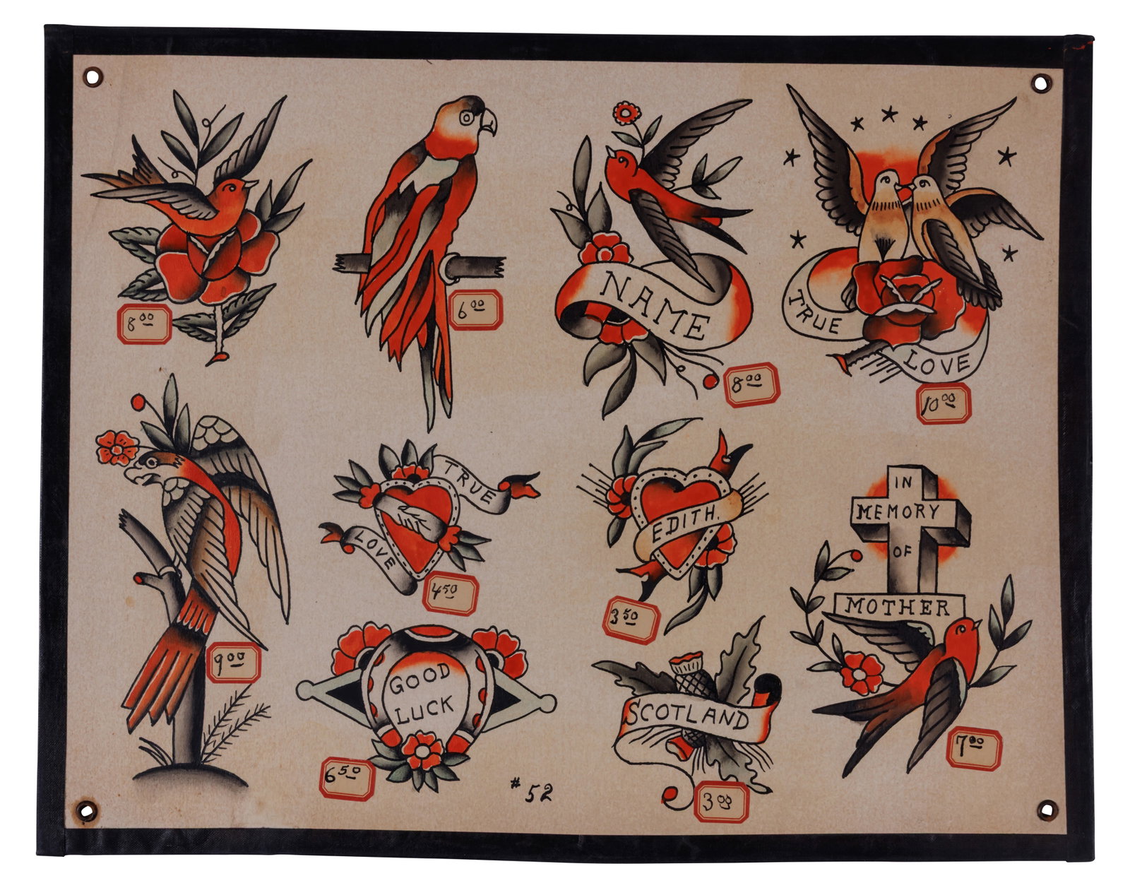 "True Love" and Other Tattoo Designs by Col. W. Todd [Folk Art - Outsider] (America, ca. 1950) 11 x: "True Love" and Other Tattoo Designs by Col. W. Todd [Folk Art - Outsider] (America, ca. 1950) Hand-painted tattoo flash by Col. William L. Todd (1929-1994), America, ca. 1950. Ink and watercolor on c