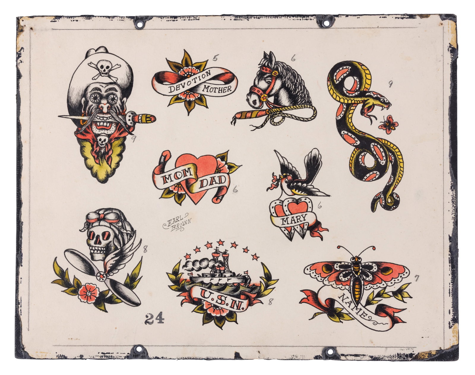 Pirate Cowboy and Other Tattoo Designs by Earl Brown (Biloxi, Mississippi, ca. 1950) 11 x 14 in.: Pirate Cowboy and Other Tattoo Designs by Earl Brown (Biloxi, Mississippi, ca. 1950) Hand-painted tattoo flash by Hubert Earl Brown (1904-1983), possibly Biloxi, Mississippi, ca. 1950. Signed "Earl Br