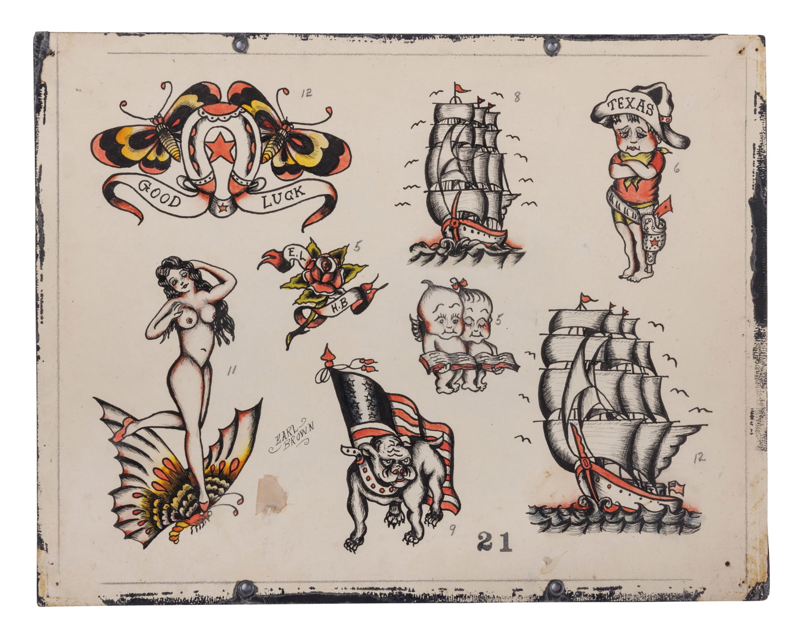 Texas Gunslinger and Other Tattoo Designs by Earl Brown (Biloxi, Mississippi, ca. 1950) 11 x 14 in. (1 of 2)