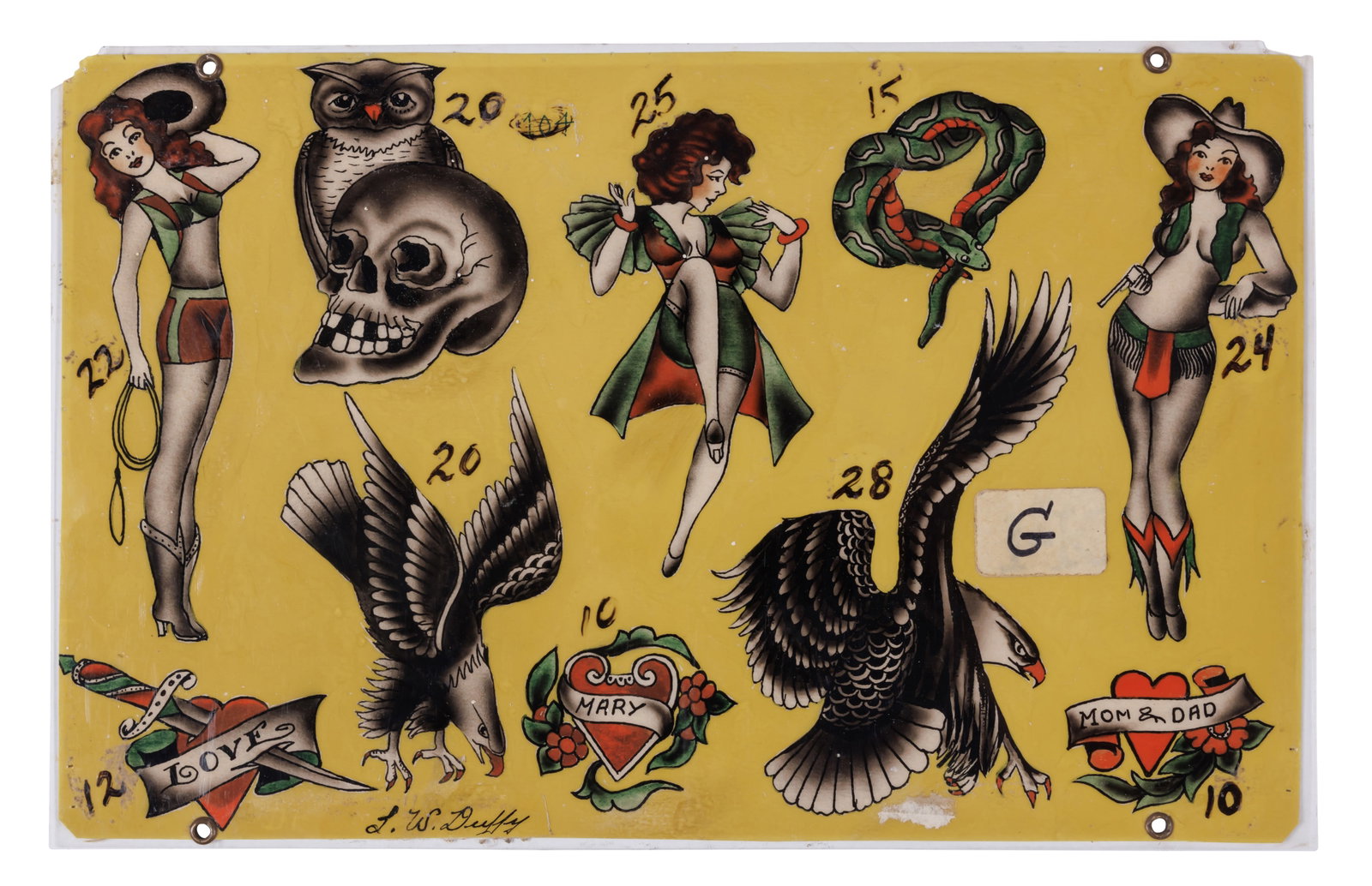 Eagles and Other Tattoo Designs by L.W. Duffy [The Pike - Folk Art] (Long Beach, ca. 1950) 9 1/4 x: Eagles and Other Tattoo Designs by L.W. Duffy [The Pike - Folk Art] (Long Beach, ca. 1950) Hand-painted tattoo flash by Lawrence Walter Duff (b. 1897), The Pike, Long Beach, California, ca. 1950. Sign