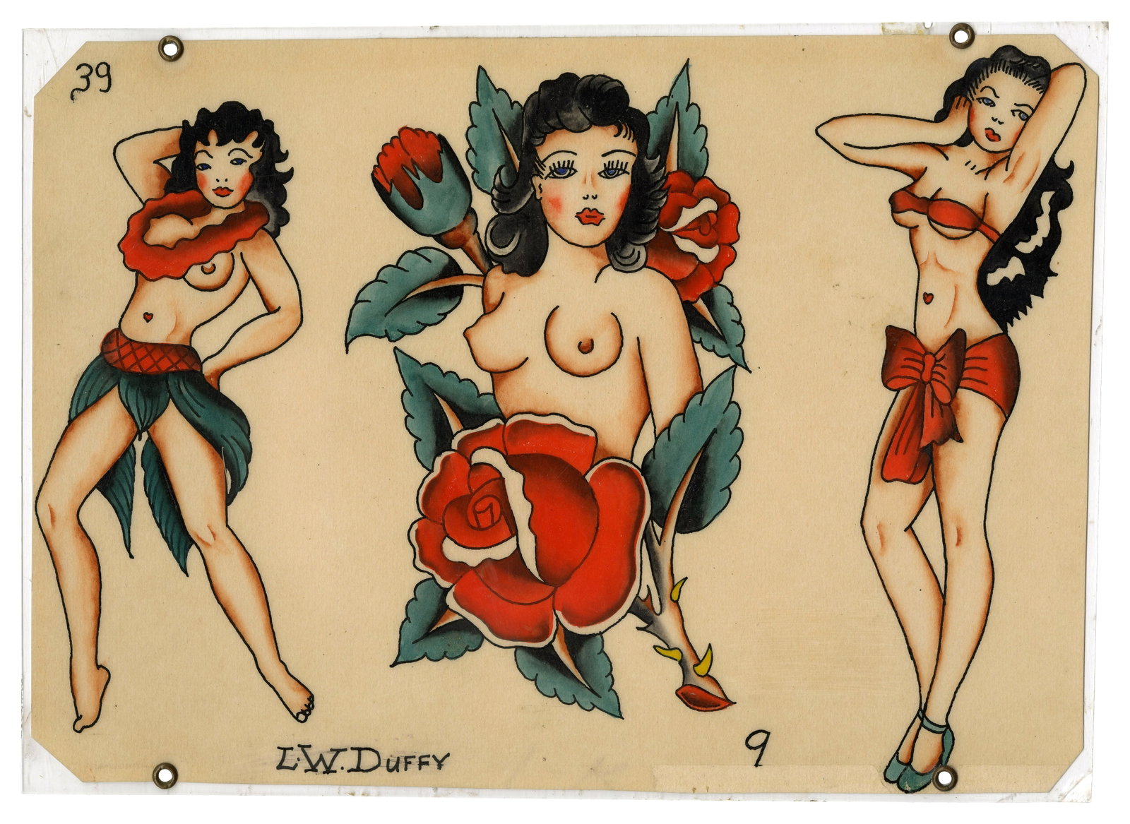 Pin-Ups and Other Tattoo Designs by L.W. Duffy [Nu-Pike - Folk Art] (Long Beach, ca. 1950) 9 1/4 x: Pin-Ups and Other Tattoo Designs by L.W. Duffy [Nu-Pike - Folk Art] (Long Beach, ca. 1950) Hand-painted tattoo flash by Lawrence Walter Duff (b. 1897), The Pike, Long Beach, California, ca. 1950. Sign