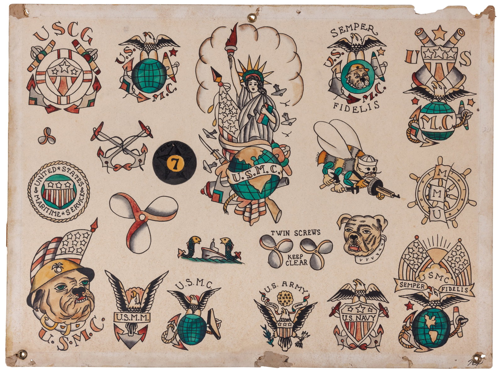 "Semper Fidelis" and Other Tattoo Designs by Tex Rowe [Seabee - USMC - Statue of Liberty] (San (1 of 2)