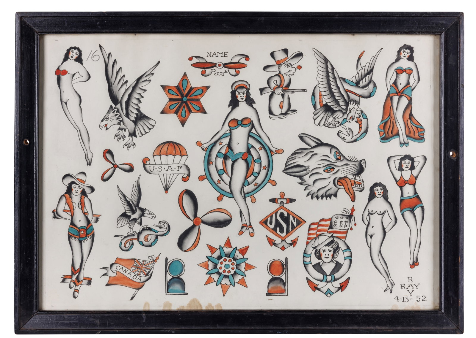 Pin-Ups and Other Tattoo Designs by "Diamond Ray" Harter [Folk Art - Outsider] (Possibly Florida,: Pin-Ups and Other Tattoo Designs by "Diamond Ray" Harter [Folk Art - Outsider] (Possibly Florida, ca. 1952) Hand-painted tattoo flash by Raymond Addison Harter (1895-1956), aka "Sailor" Ray, aka "Diam