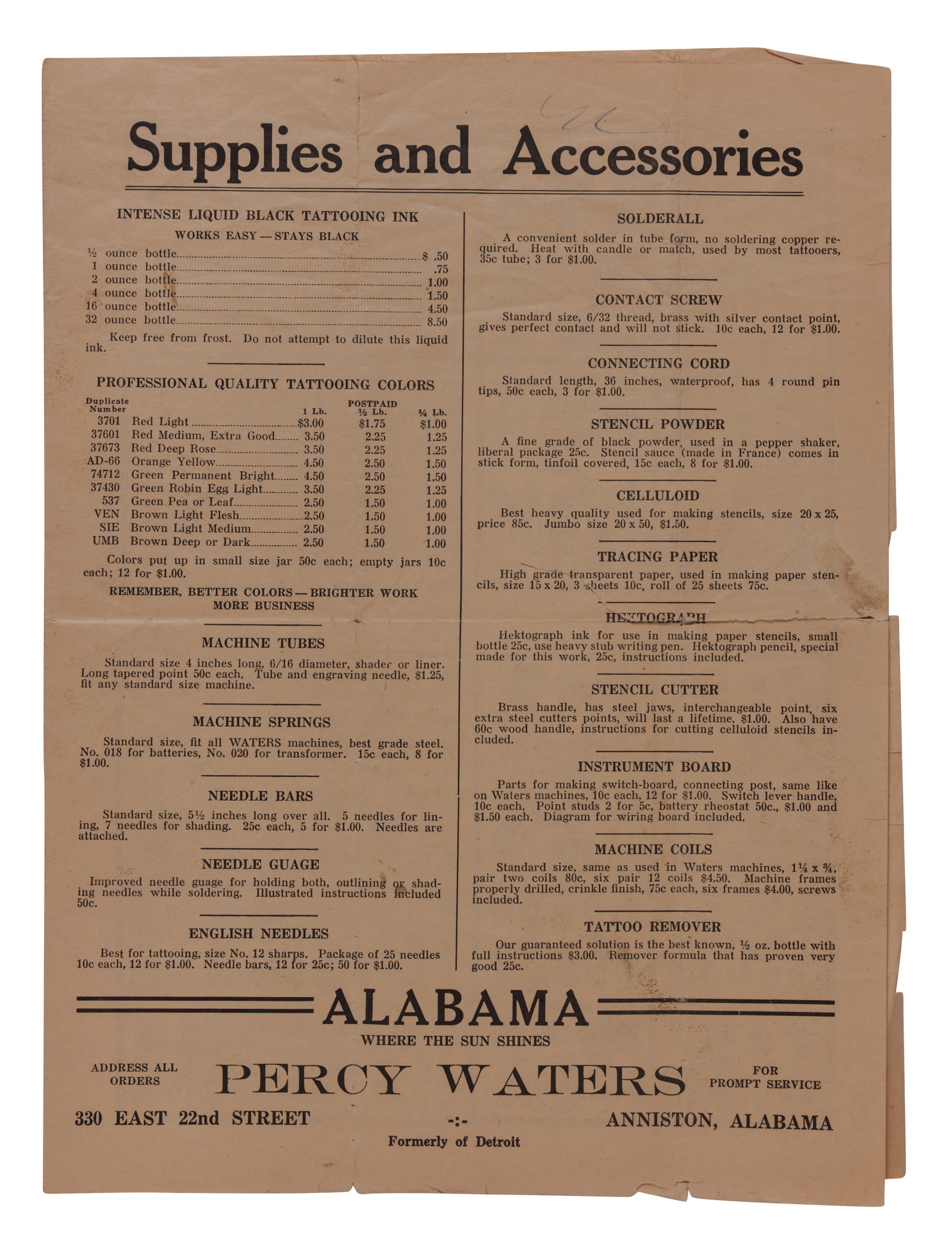 Percy Waters Tattoo Supply Pamphlet [Trade Catalog - Ephemera] (Anniston, Alabama, ca. 1935) 12 x 9 (1 of 3)