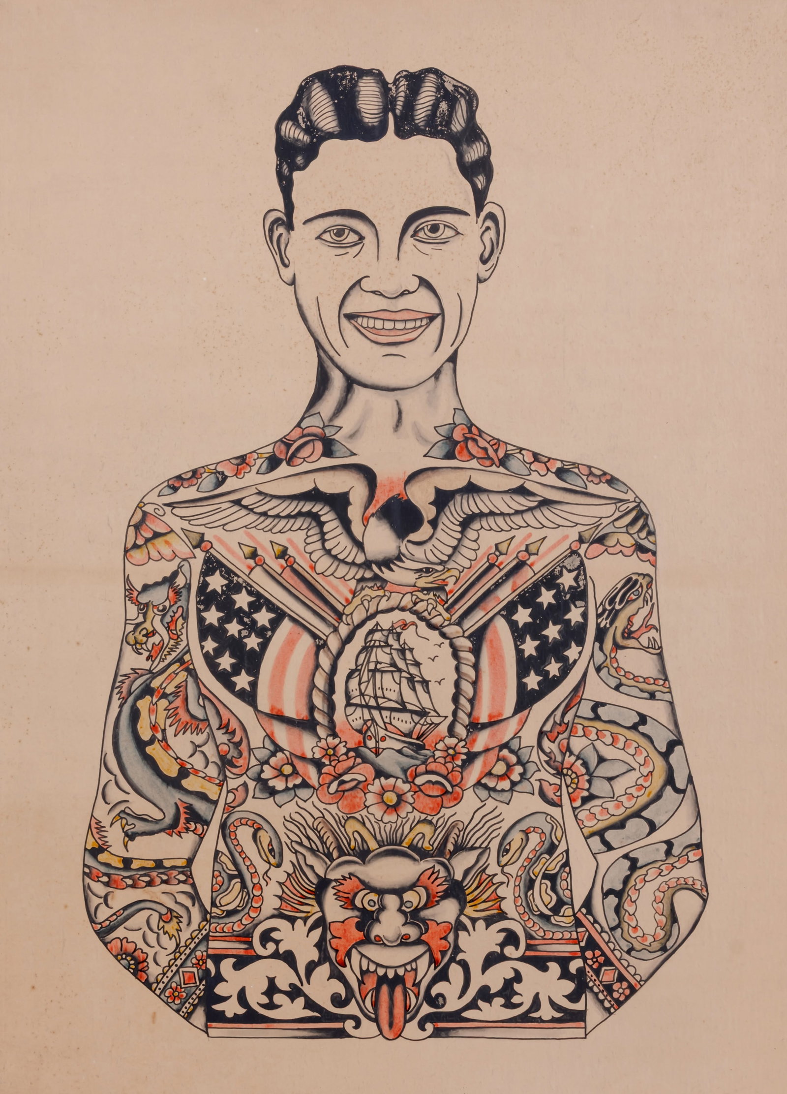 Exceptional Painting of a Tattooed Man by Fred Marquand [Folk Art - Outsider - Mobiloil]: Japanese Dragon Tattoo Back Piece by Fred Marquand [Folk Art - Outsider] (Bellingham, Washington, ca. 1925) Hand-painted tattoo flash by Fred Marquand (1905-1988), Bellingham, Washington, ca. 1925. In
