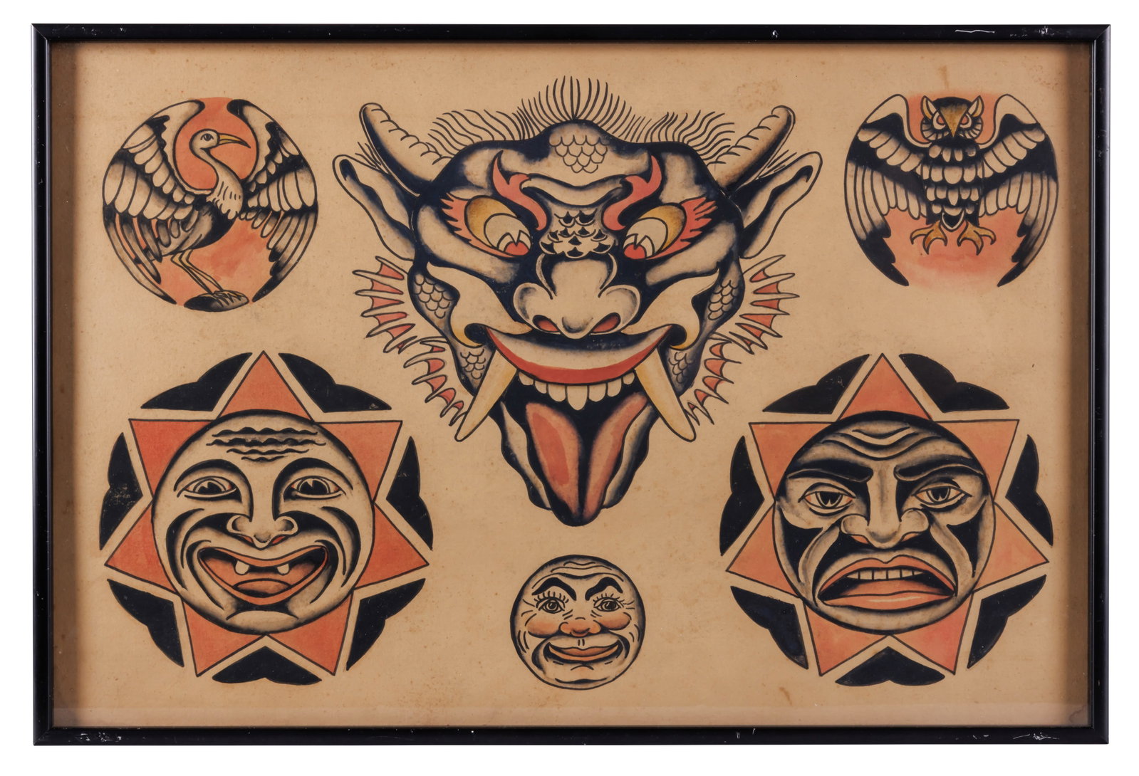 Demon Head with Sun and Moon Face Tattoo Designs by Fred Marquand [Folk Art - Outsider - Owl]: Demon Head with Sun and Moon Face Tattoo Designs by Fred Marquand [Folk Art - Outsider - Owl] (Bellingham, Washington, ca. 1925) Hand-painted tattoo flash by Fred Marquand (1905-1988), Bellingham, Was