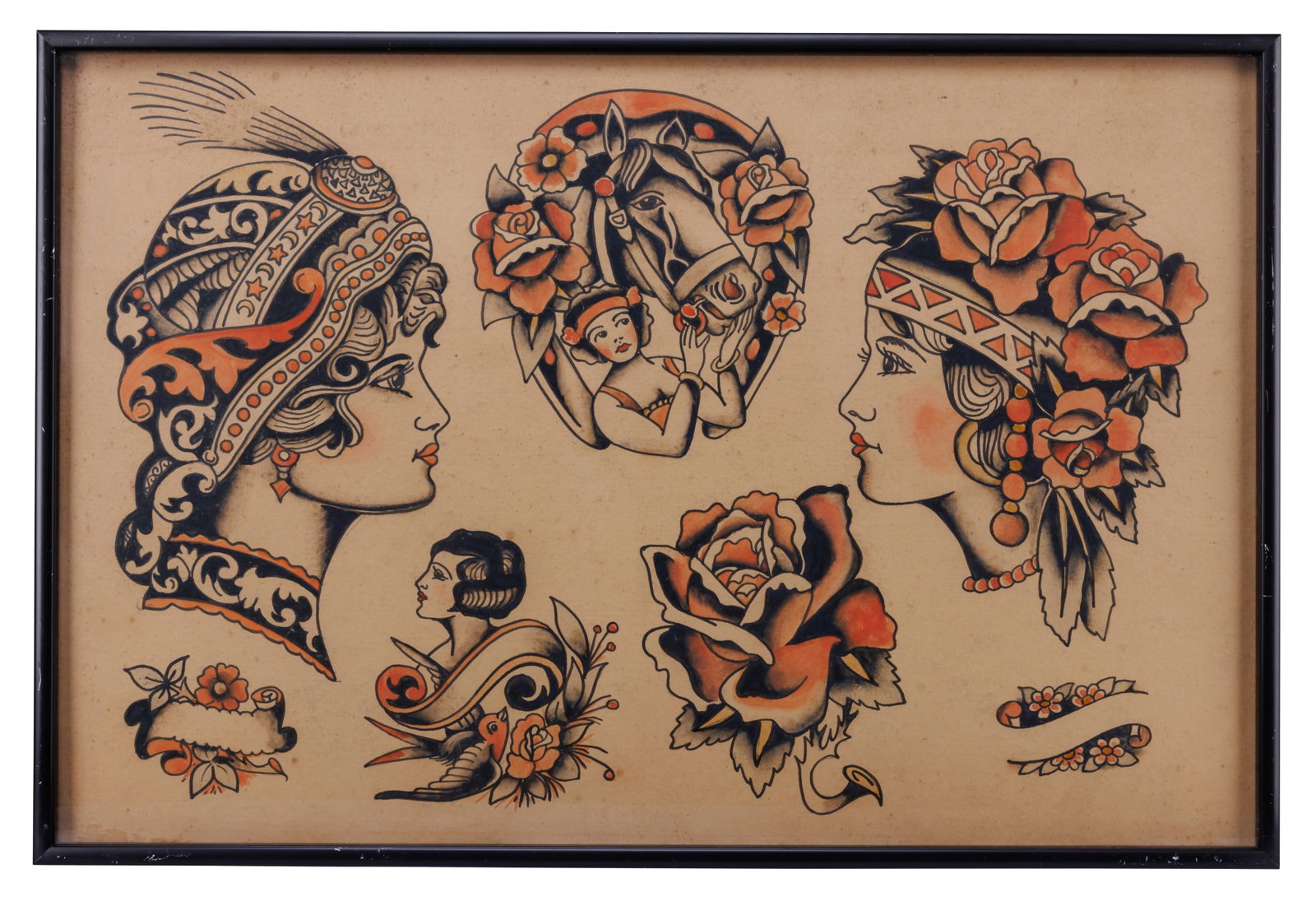 Lady Head Tattoo Designs by Fred Marquand [Folk Art - Outsider - Gypsy] (Bellingham, Washington, ca.: Lady Head Tattoo Designs by Fred Marquand [Folk Art - Outsider - Gypsy] (Bellingham, Washington, ca. 1925) Hand-painted tattoo flash by Fred Marquand (1905-1988), Bellingham, Washington, ca. 1925. Ink