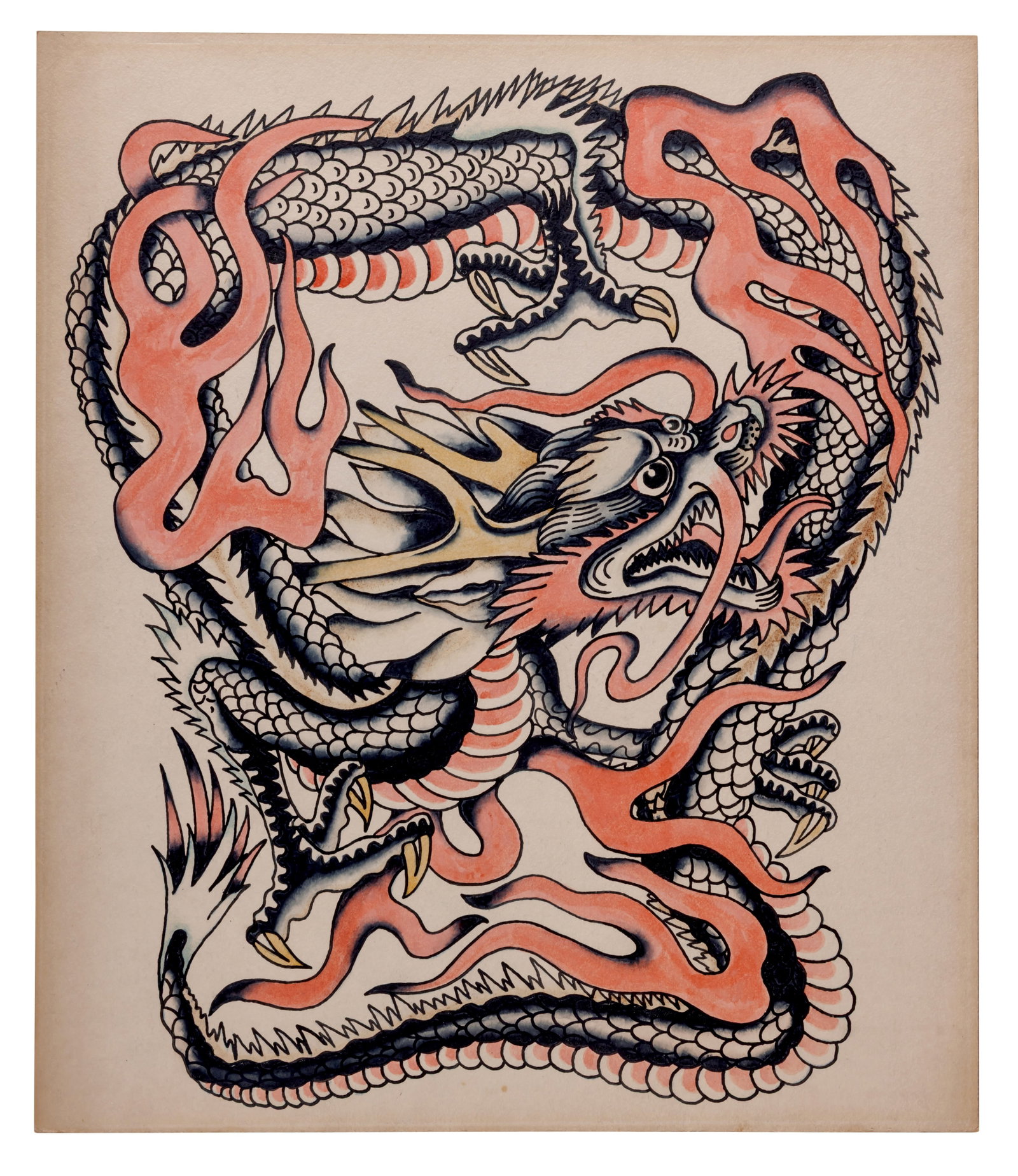 Japanese Dragon Tattoo Back Piece by Fred Marquand [Folk Art - Outsider] (Bellingham, Washington,: Japanese Dragon Tattoo Back Piece by Fred Marquand [Folk Art - Outsider] (Bellingham, Washington, ca. 1925) Hand-painted tattoo flash by Fred Marquand (1905-1988), Bellingham, Washington, ca. 1925. In