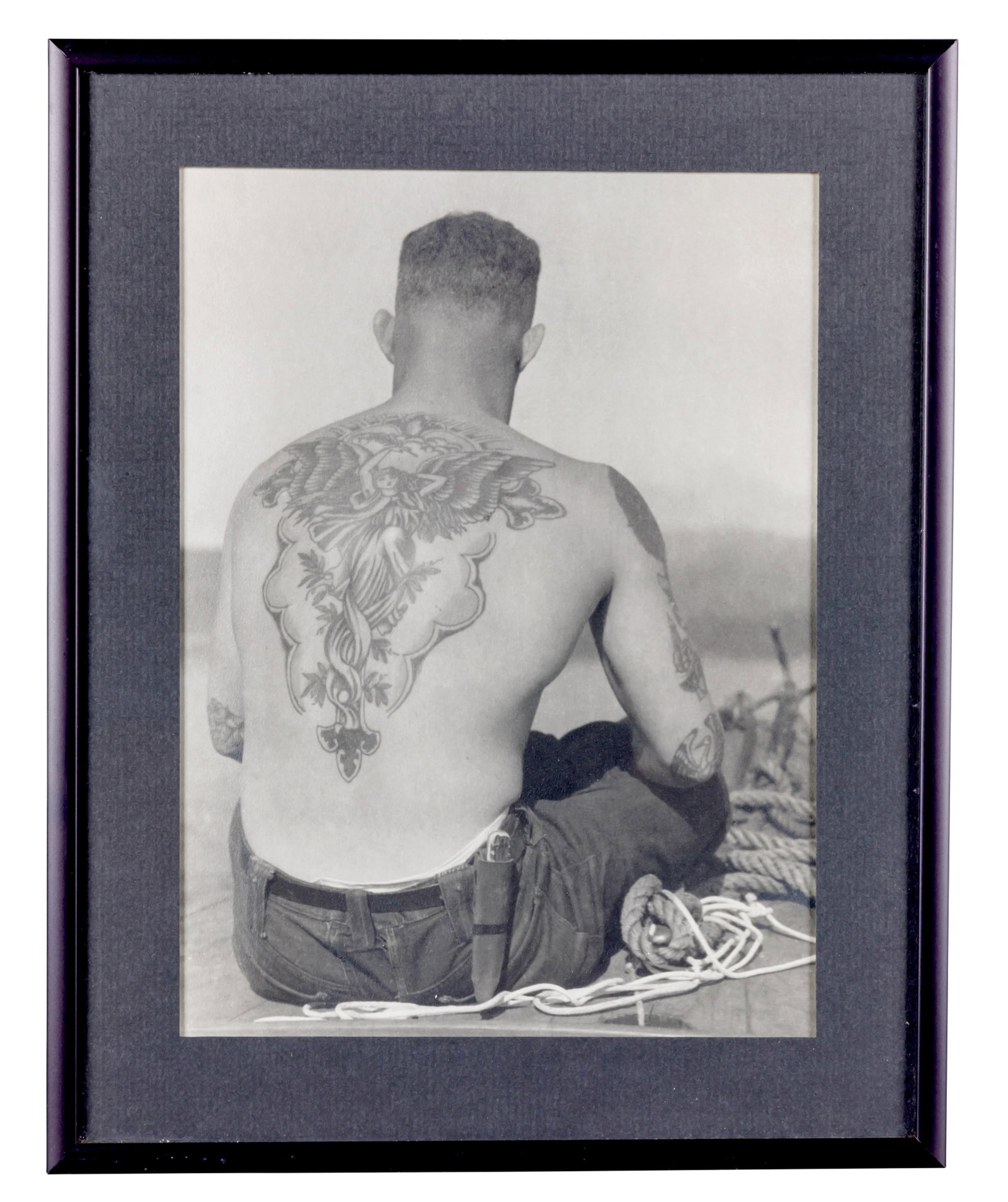 Photograph of Fred Marquand's "Guardian Angel" Tattoo Back Piece by George Fosdick (Bellingham,: Statue of Liberty and Other Patriotic Tattoo Designs by Fred Marquand [Folk Art - Outsider] (Bellingham, Washington, ca. 1925) Hand-painted tattoo flash by Fred Marquand (1905-1988), Bellingham, Washi