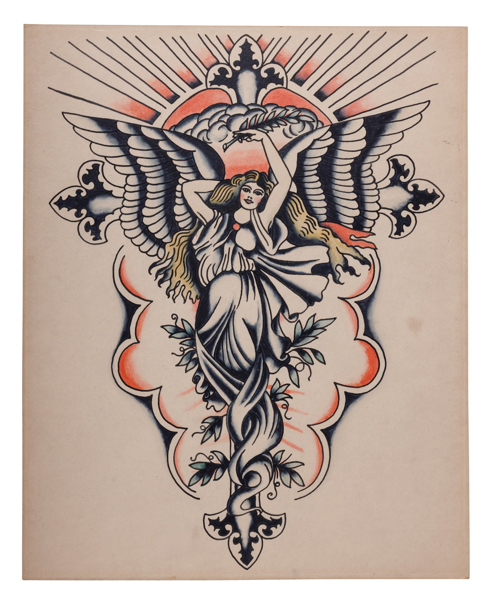 "Guardian Angel" Tattoo Back Piece by Fred Marquand [Folk Art - Outsider] (Bellingham, Washington,: "Guardian Angel" Tattoo Back Piece by Fred Marquand [Folk Art - Outsider] (Bellingham, Washington, ca. 1925) Hand-painted tattoo flash by Fred Marquand (1905-1988), Bellingham, Washington, ca. 1925. T
