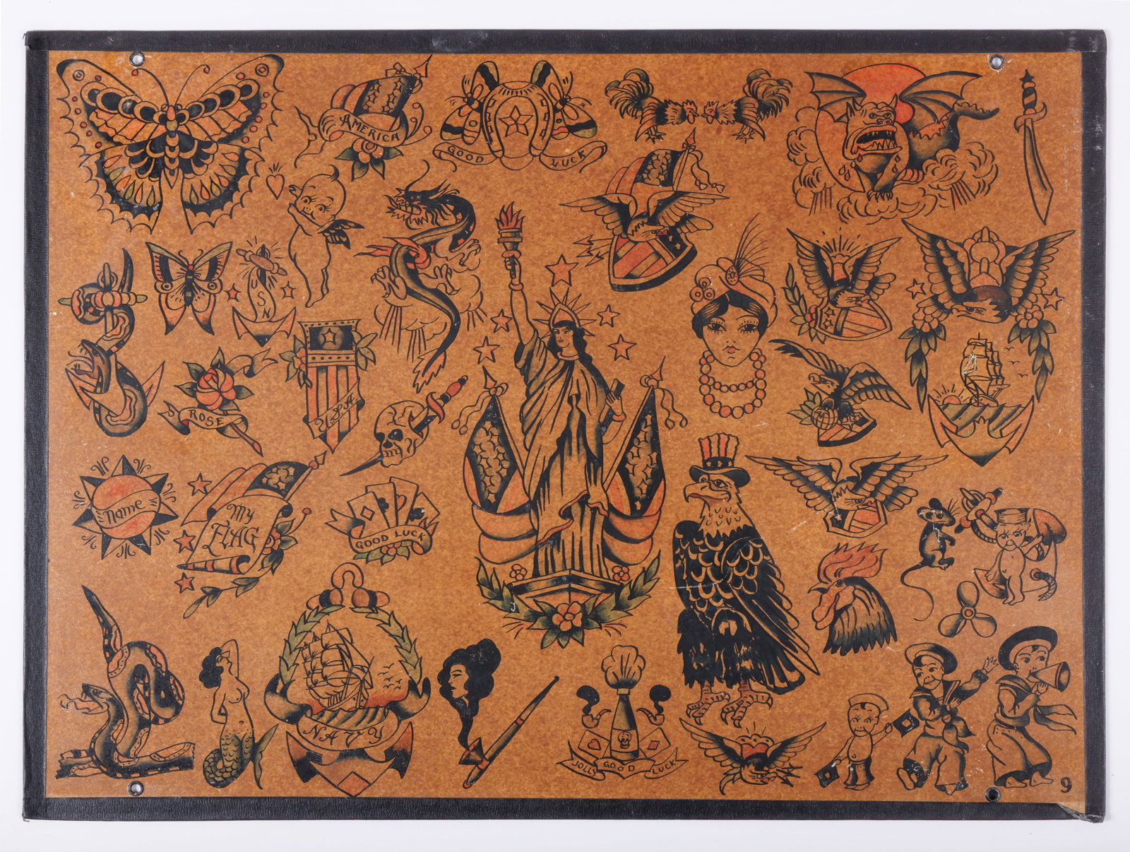 Uncle Sam American Eagle and Other Tattoo Designs by Fred Marquand [Folk Art - Outsider - U.S. Navy]: Uncle Sam American Eagle and Other Tattoo Designs by Fred Marquand [Folk Art - Outsider - U.S. Navy] (Bellingham, Washington, ca. 1925) Hand-painted tattoo flash by Fred Marquand (1905-1988), Bellingh