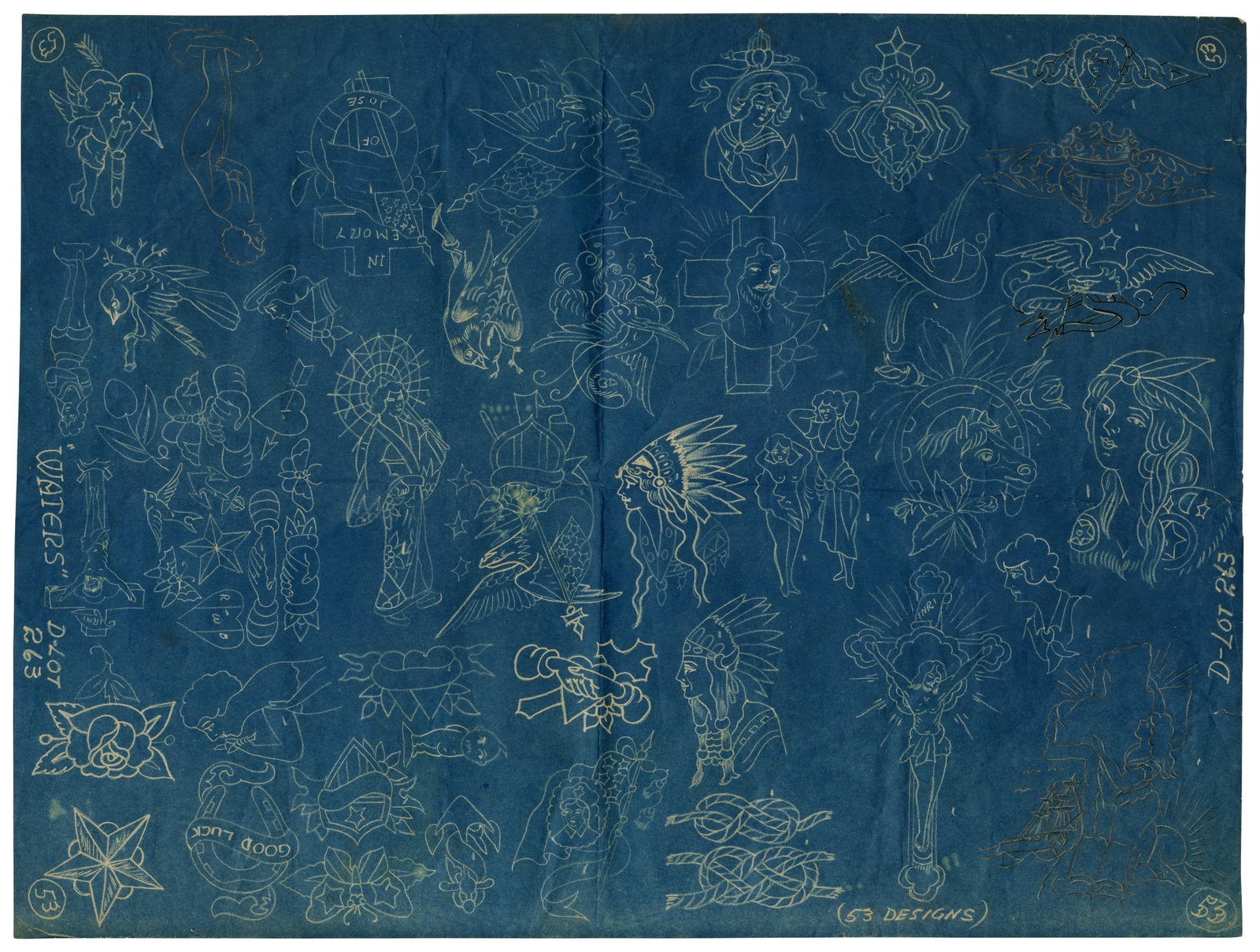 Blueprint Tattoo Designs by Percy Waters, (Detroit, ca. 1922) 23 1/2 x 18 in. (59.7 x 45.7 cm.) (1 of 2)