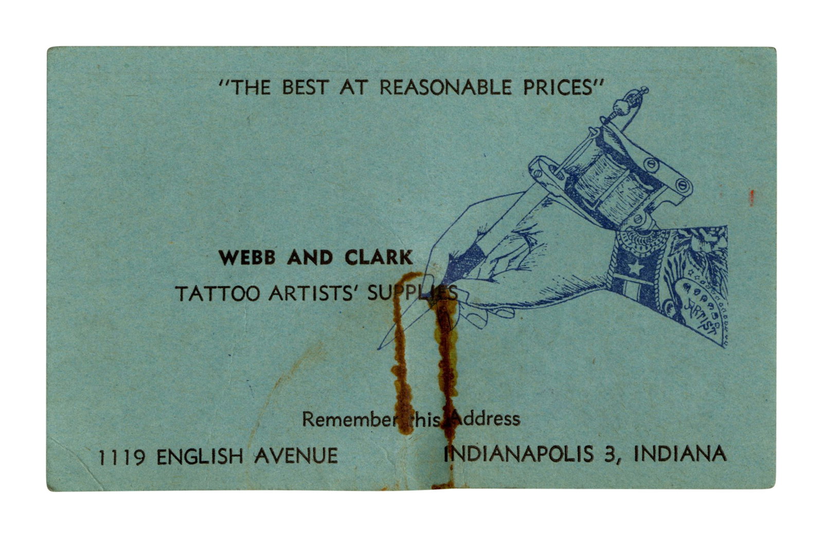 Webb and Clark Tattoo Supplies Business Card [Trade Card - Ephemera] (Indianapolis, ca. 1935) 2 1/4 (1 of 2)