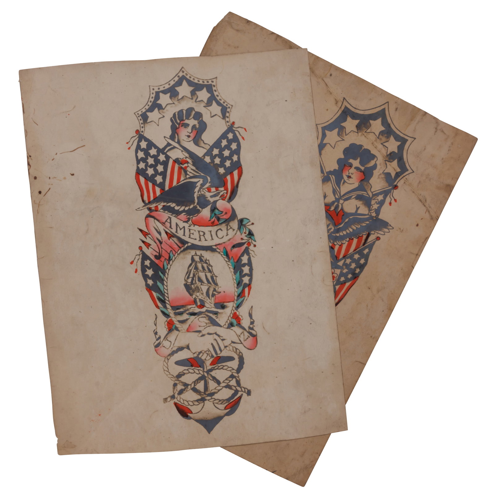 Percy Waters Patriotic Tattoo Sleeves [Folk Art - Flash - Tattoo] (Detroit, ca. 1925) Each: 13 1/2 x (1 of 4)