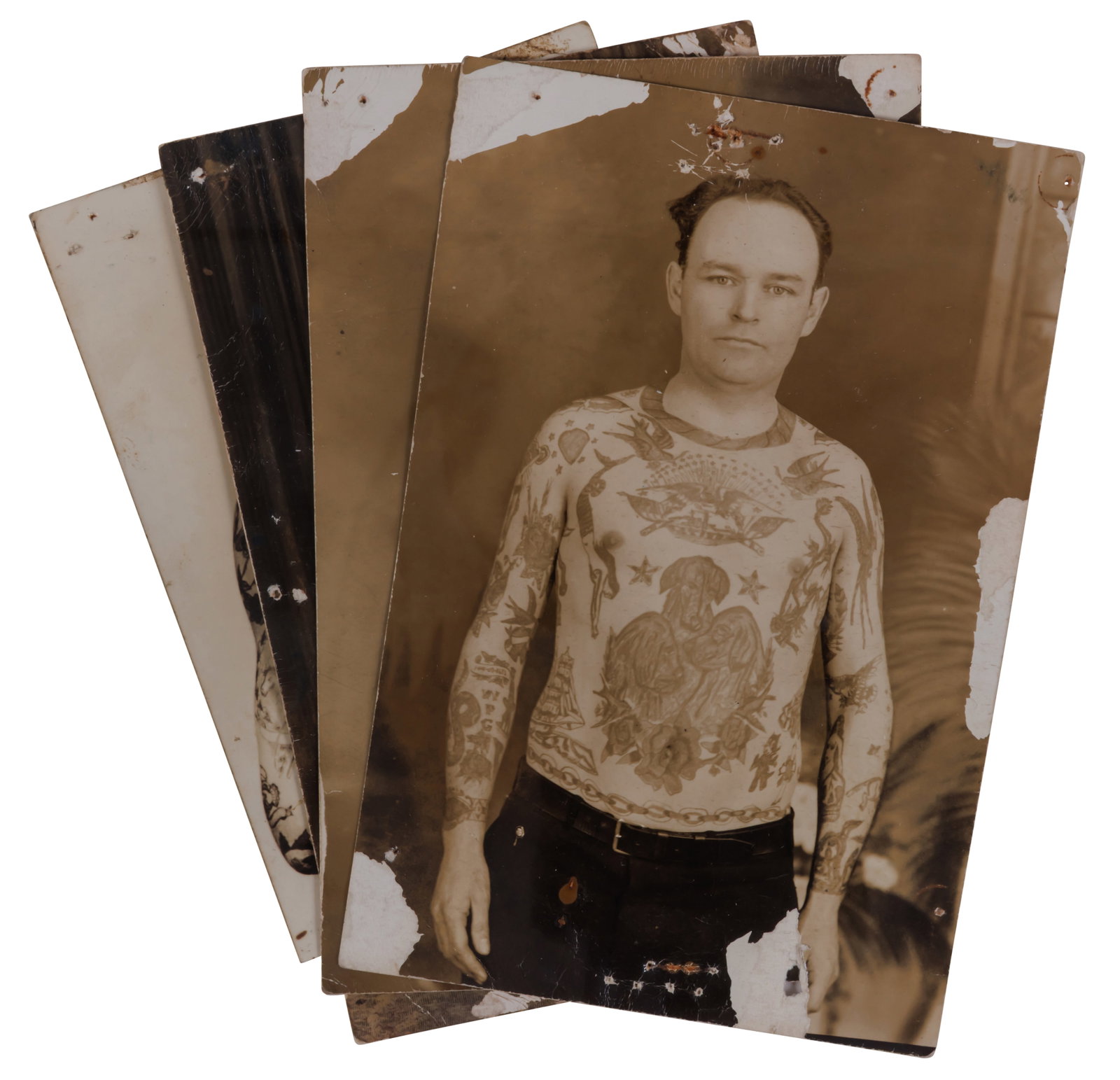 Four Photographs of Men Tattooed by Henry Biehler (Allentown, ca. 1930) Largest: 6 x 4 in. (15.2 x: Four Photographs of Men Tattooed by Henry Biehler (Allentown, ca. 1930) A group of four photographs comprising three views of grocer William P. Gavin (1909-1984), tattooed by Henry Biehler of Allentow