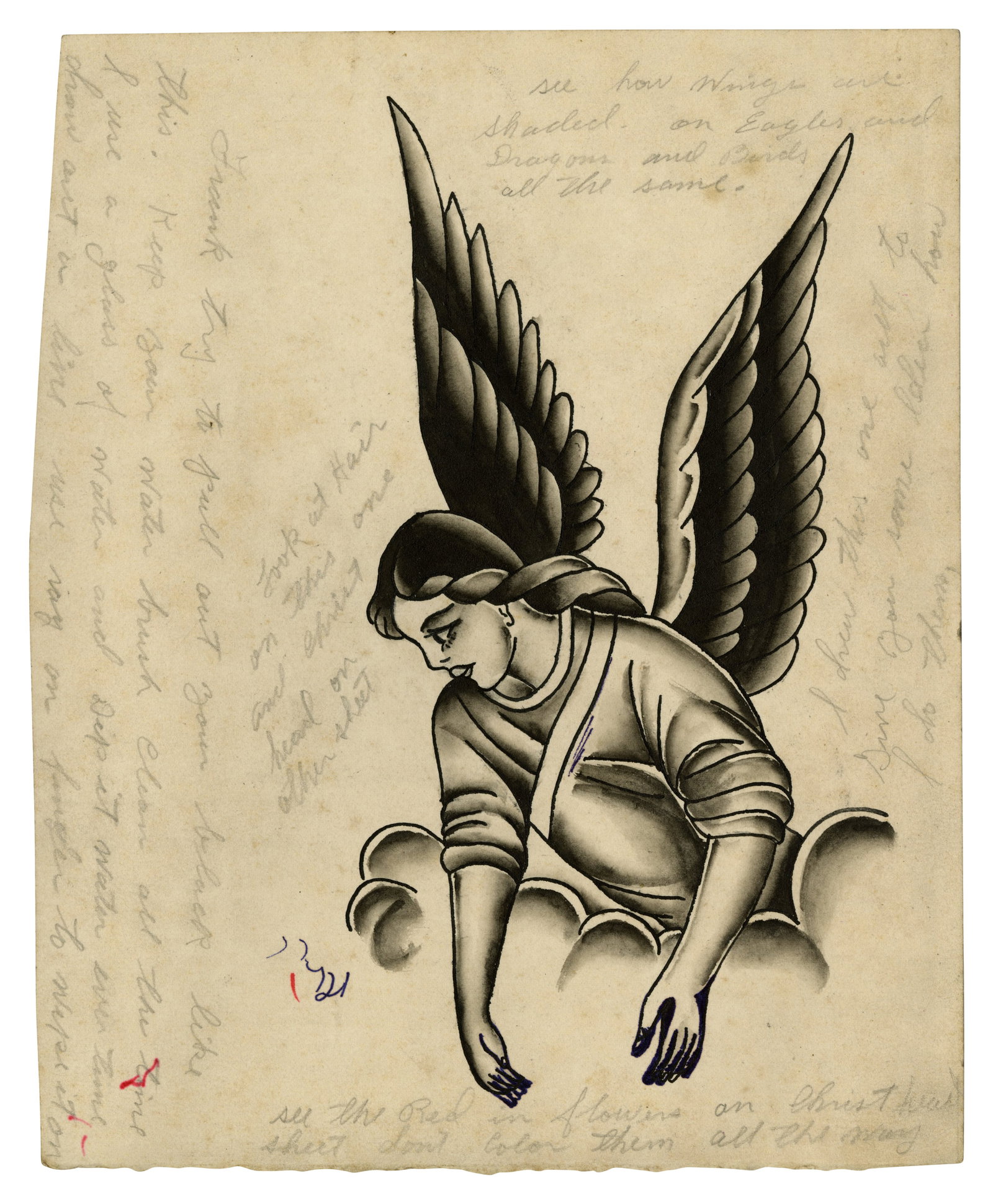 Angel Tattoo Design, Tex Howard (American, ca. 1940) 10 x 8 1/4 in. (25.4 x 21 cm.): Angel Tattoo Design, Tex Howard (American, ca. 1940) A large painting depicting an angel floating among clouds, surrounded by notes addressed to "Frank" that contain instructions on the proper shading