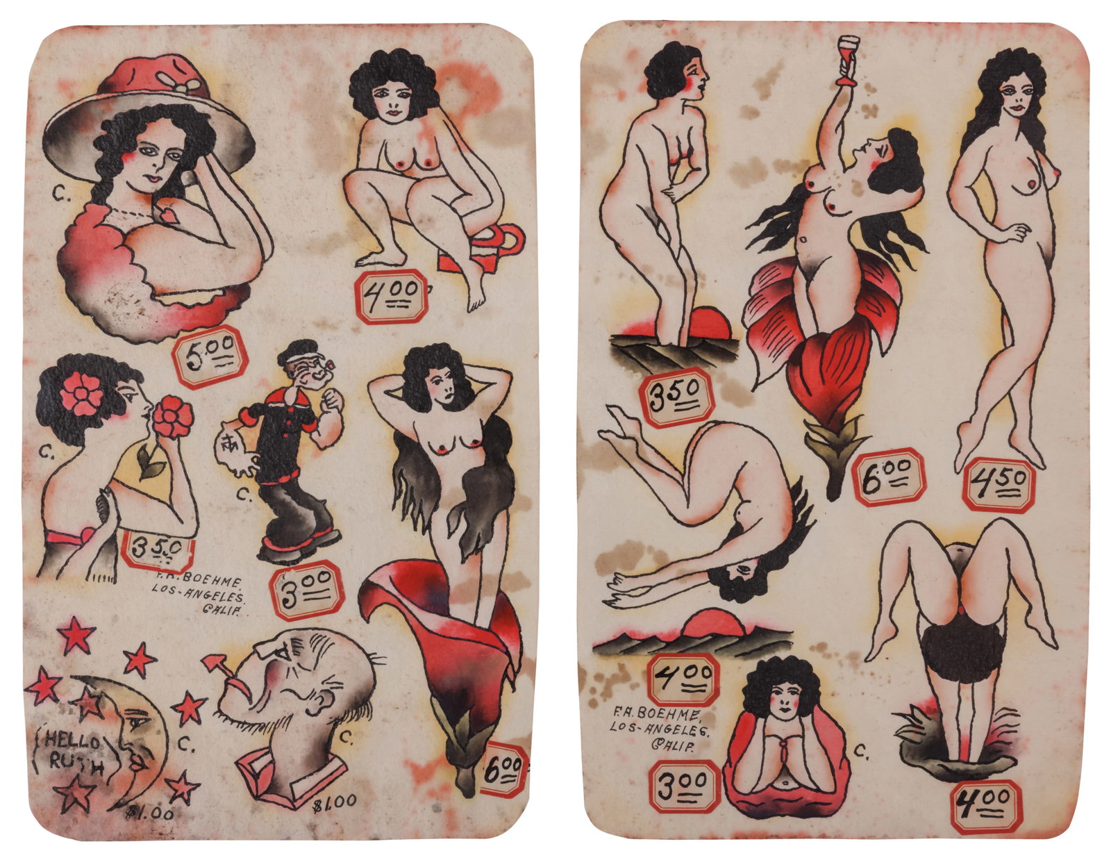 Risque Pin-Up Girl Tattoo Designs by F. A. Boehme (Los Angeles, ca. 1930) Each: 10 x 6 in. (25.4 x (1 of 3)