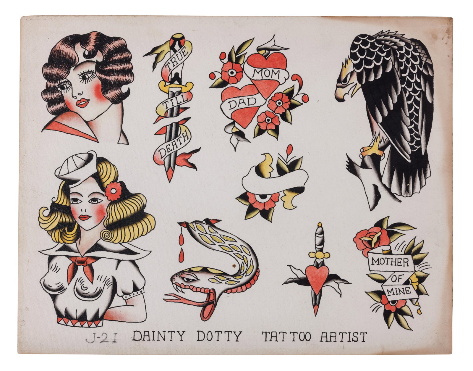 Pin-Ups and Other Tattoo Designs by "Dainty Dotty" Jensen [Folk Art - Outsider] 11 x 14 in. (27.9 x: Pin-Ups and Other Tattoo Designs by "Dainty Dotty" Jensen [Folk Art - Outsider] Hand-painted tattoo flash by "Dainty Dotty" Jensen, real name Florence H. Sprague (1909-1952), Detroit, Michigan or Los 