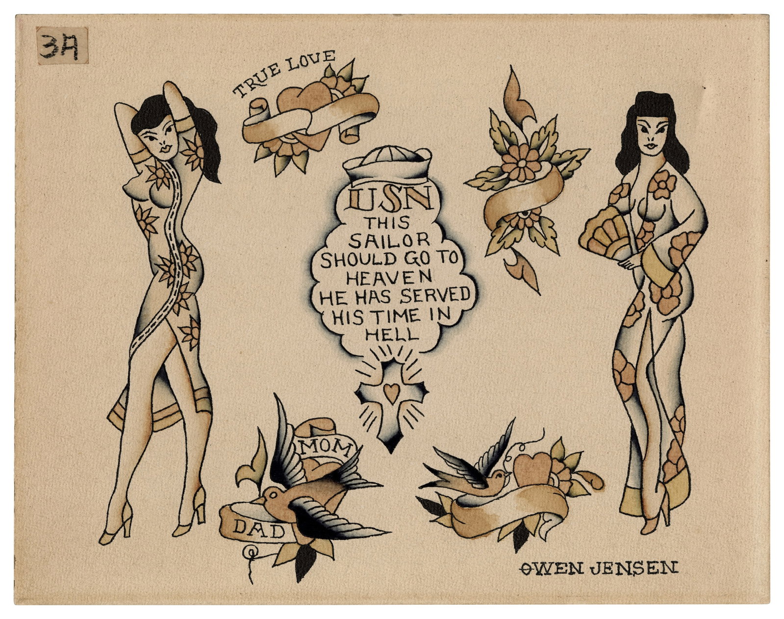 U.S. Navy and Other Tattoo Designs by Owen Jensen [Nu Pike - Folk Art - Outsider] 11 x 14 in. (27.9: U.S. Navy and Other Tattoo Designs by Owen Jensen [Nu Pike - Folk Art - Outsider] Hand-painted tattoo flash by Owen Jensen (1891-1976), Los Angeles, California, ca. 1945. Signed "Owen Jensen" lower ri