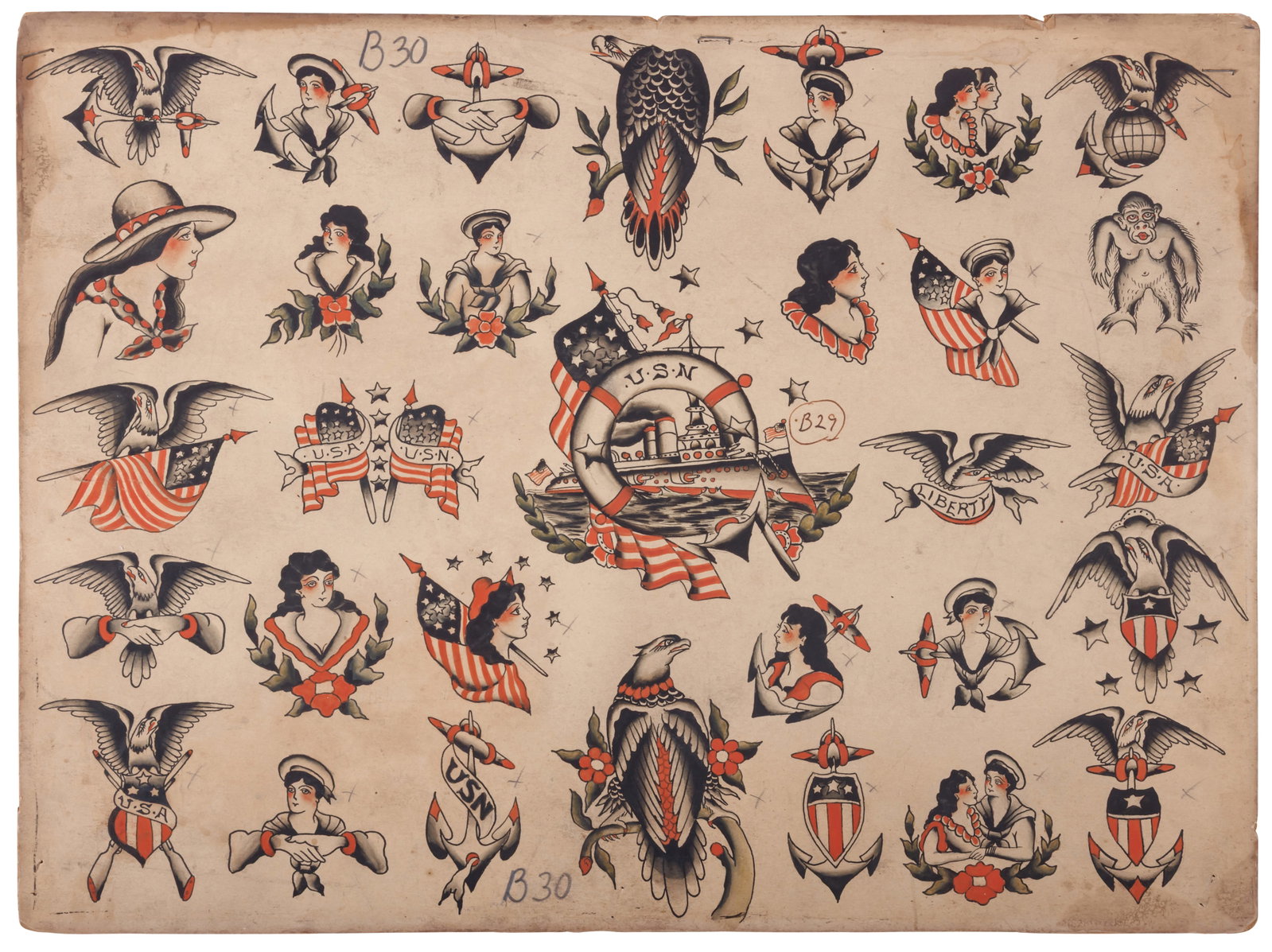 U.S. Navy and Patriotic American Tattoo Designs Used by Frank Liberty (Boston, ca. 1930) 20 x 15 in. (1 of 6)