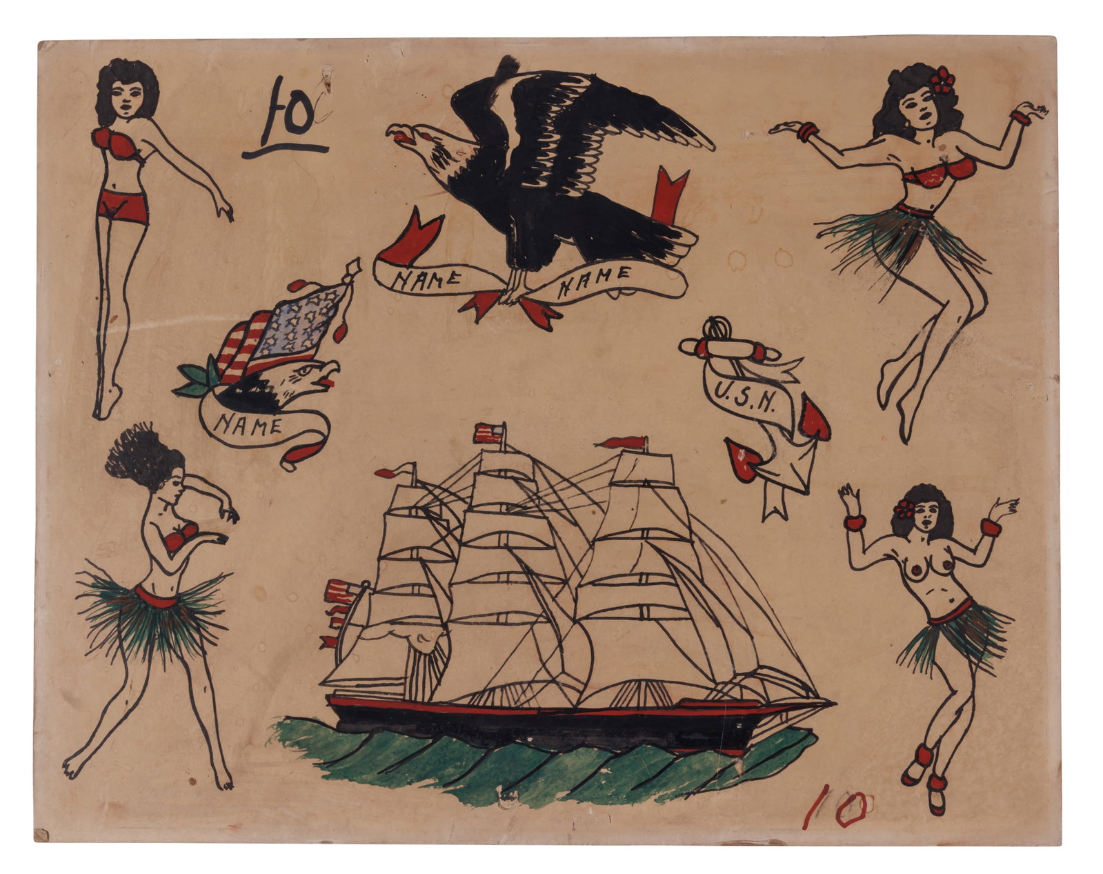 Hula Girls and Other Tattoo Designs by Ted Liberty [Folk Art - Outsider - Scollay Square] (Boston,: Hula Girls and Other Tattoo Designs by Ted Liberty [Folk Art - Outsider - Scollay Square] (Boston, ca. 1945) Hand-drawn tattoo flash by Ted Liberty (1912-1976), Scollay Square, Boston, ca. 1945. Ink a