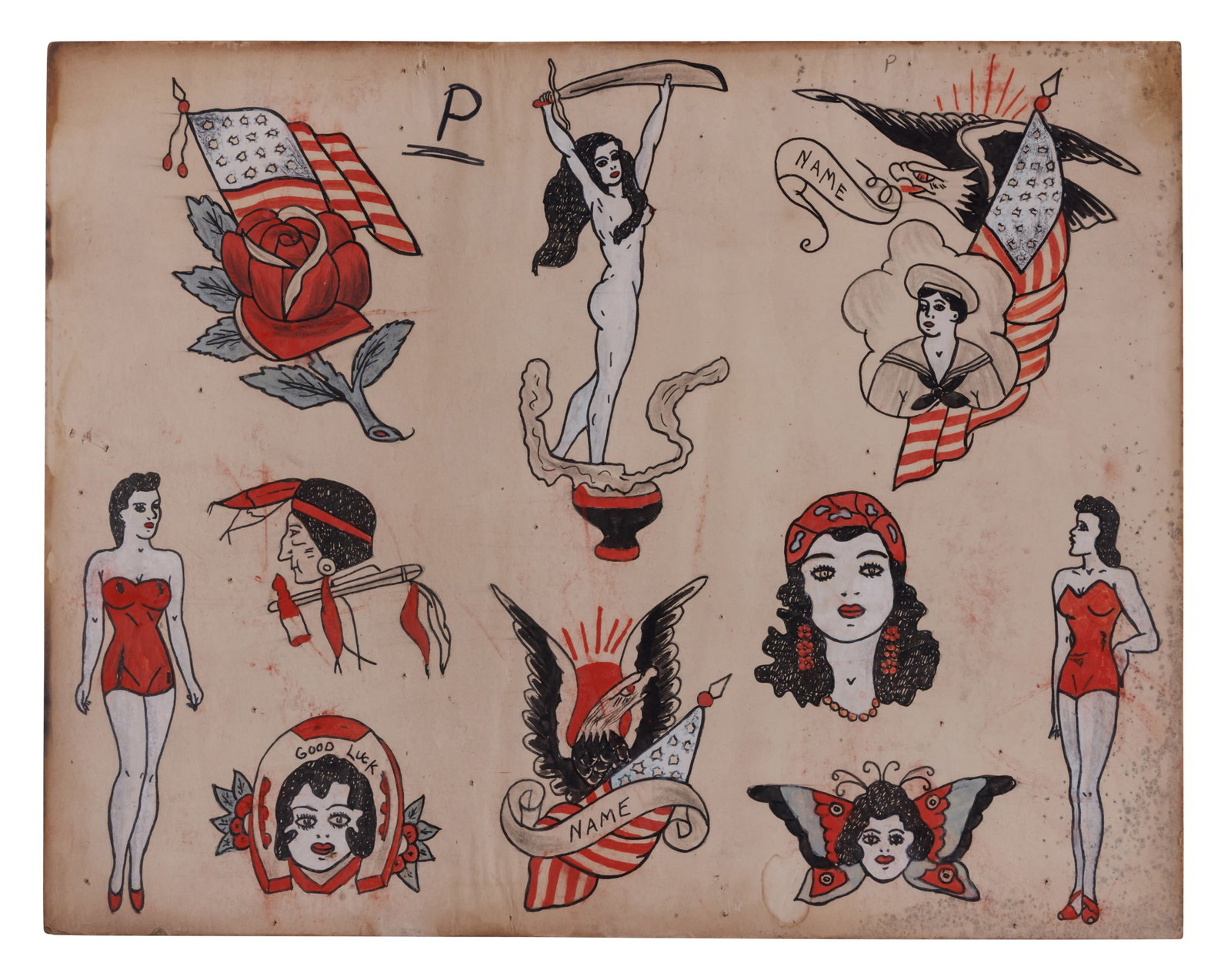 "Good Luck" and Other Tattoo Designs by Ted Liberty [Folk Art - Outsider - Scollay Square] (Boston,: "Good Luck" and Other Tattoo Designs by Ted Liberty [Folk Art - Outsider - Scollay Square] (Boston, ca. 1945) Hand-drawn tattoo flash by Ted Liberty (1912-1976), Scollay Square, Boston, ca. 1945. Ink 