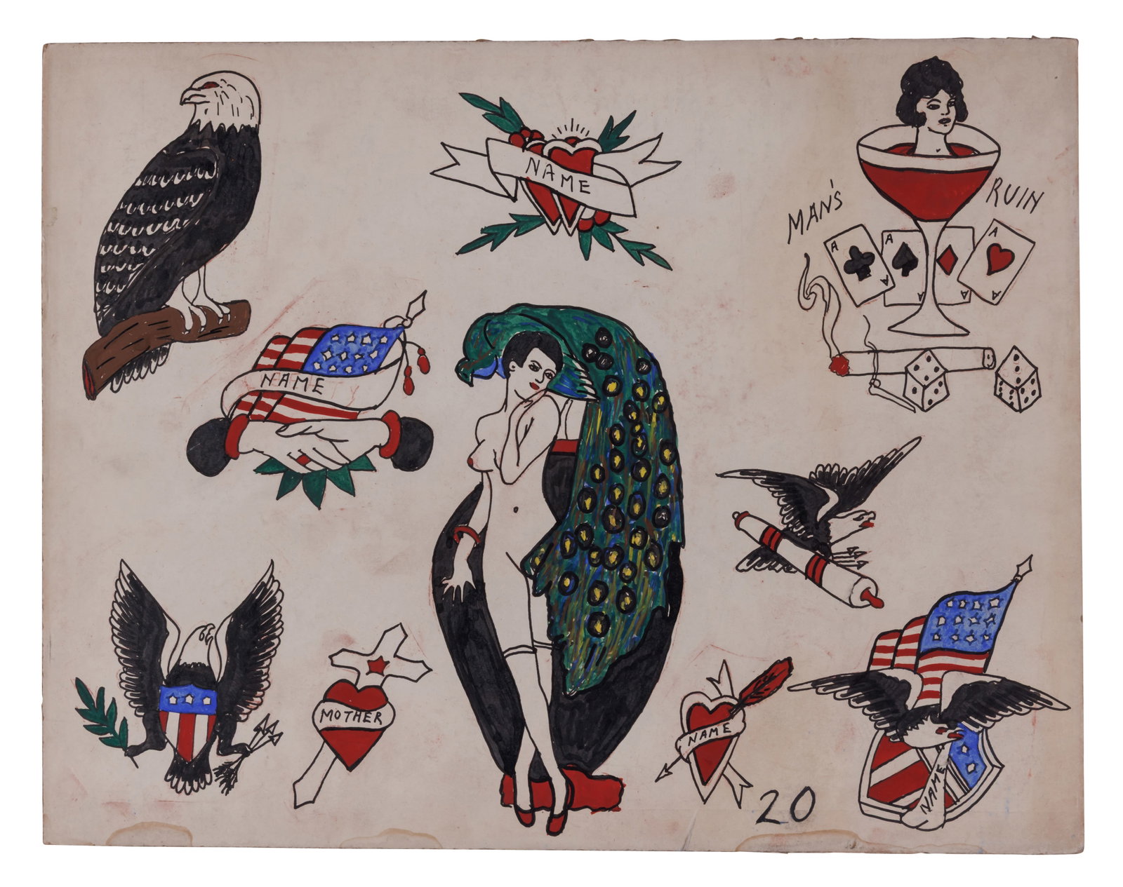 "Man's Ruin" and Other Tattoo Designs by Ted Liberty [Folk Art - Outsider - Scollay Square] (Boston,: "Man's Ruin" and Other Tattoo Designs by Ted Liberty [Folk Art - Outsider - Scollay Square] (Boston, ca. 1950) Hand-drawn tattoo flash by Ted Liberty (1912-1976), Scollay Square, Boston, ca. 1950. Ink