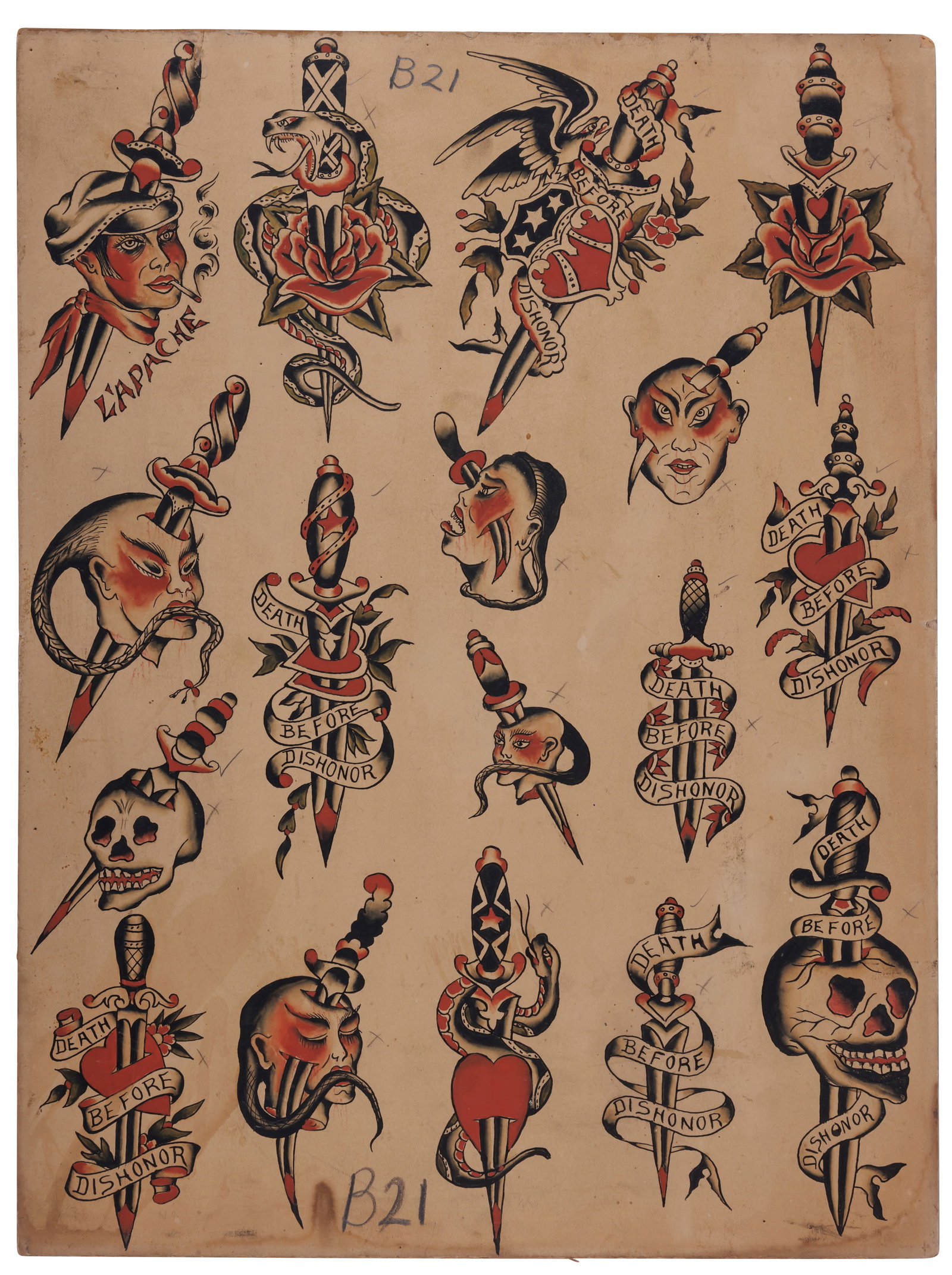 Dagger and Skull Tattoo Designs Used by Frank Liberty (Boston, ca. 1930) 20 x 15 in. (50.8 x 38.1 (1 of 6)
