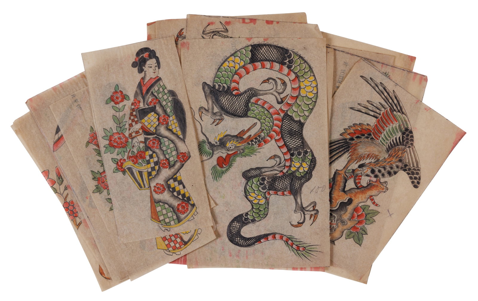 28 Sheets of Japanese Tattoo Designs [Folk Art - Ceylon Tea Trade] (England or Japan, ca. 1900): 28 Sheets of Japanese Tattoo Designs [Folk Art - Ceylon Tea Trade] (England or Japan, ca. 1900) An exceptional group of twenty-eight [28] finely painted sheets of tattoo flash featuring geishas, drago