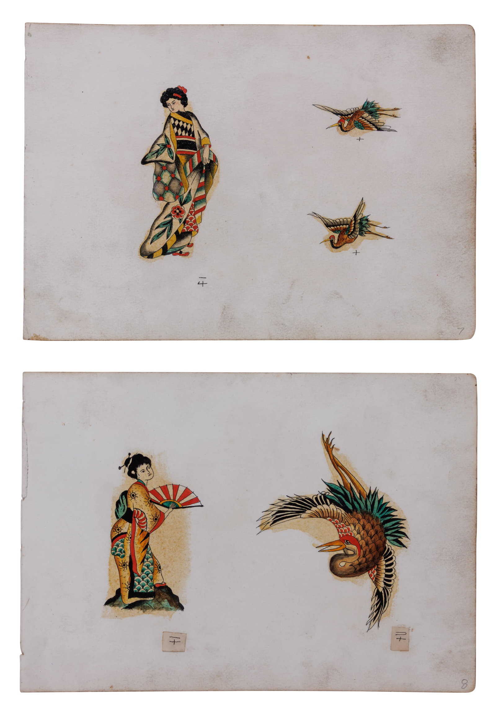 Two Sheets of Geisha and Crane Tattoo Designs by Henri Swift (San Francisco, ca. 1913) Each: 7 x 10 (1 of 2)