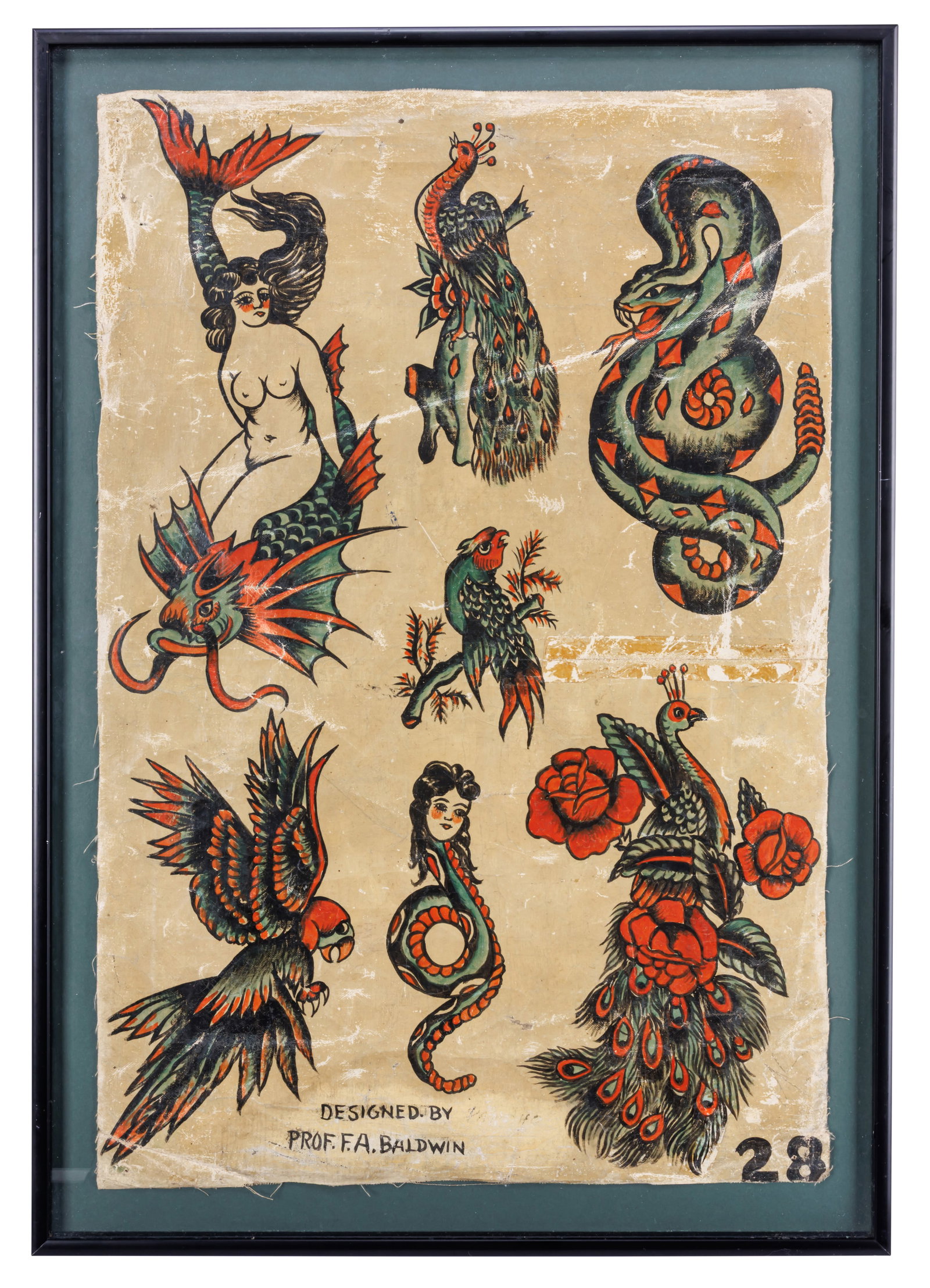 Peacocks and Other Tattoo Designs by Fred Baldwin [Folk Art - Outsider] (Halifax, ca. 1940) 18 x 12 (1 of 3)