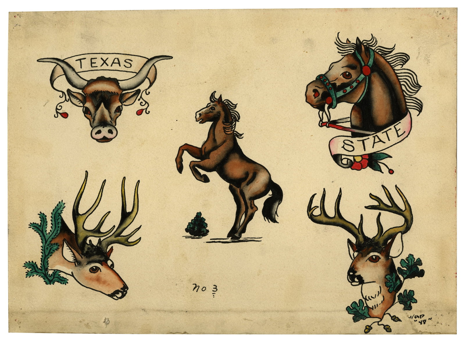 Texas Longhorn, Stags, and Other Tattoo Designs by Hap (America, ca. 1940) 11 x 15 in. (27.9 x 38.1: Texas Longhorn, Stags, and Other Tattoo Designs by Hap (America, ca. 1940) Hand-painted tattoo flash by a yet-identified artist, America, ca. 1940. Signed "Hap" lower right. Ink and watercolor on pape