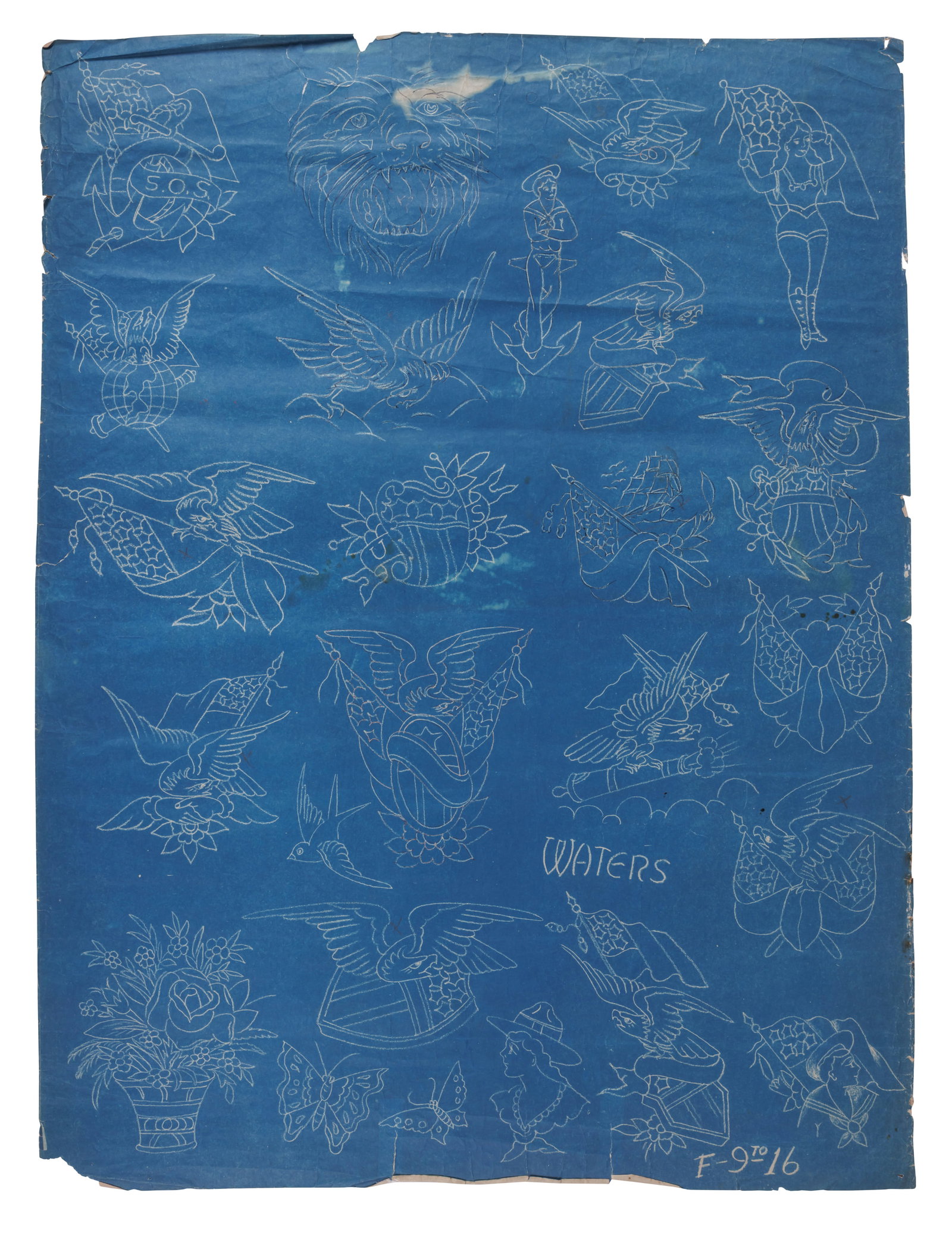 Blueprint Tattoo Designs by Percy Waters [Folk Art - Outsider] (Detroit, ca. 1922) 24 x 18 in. (61 x (1 of 2)