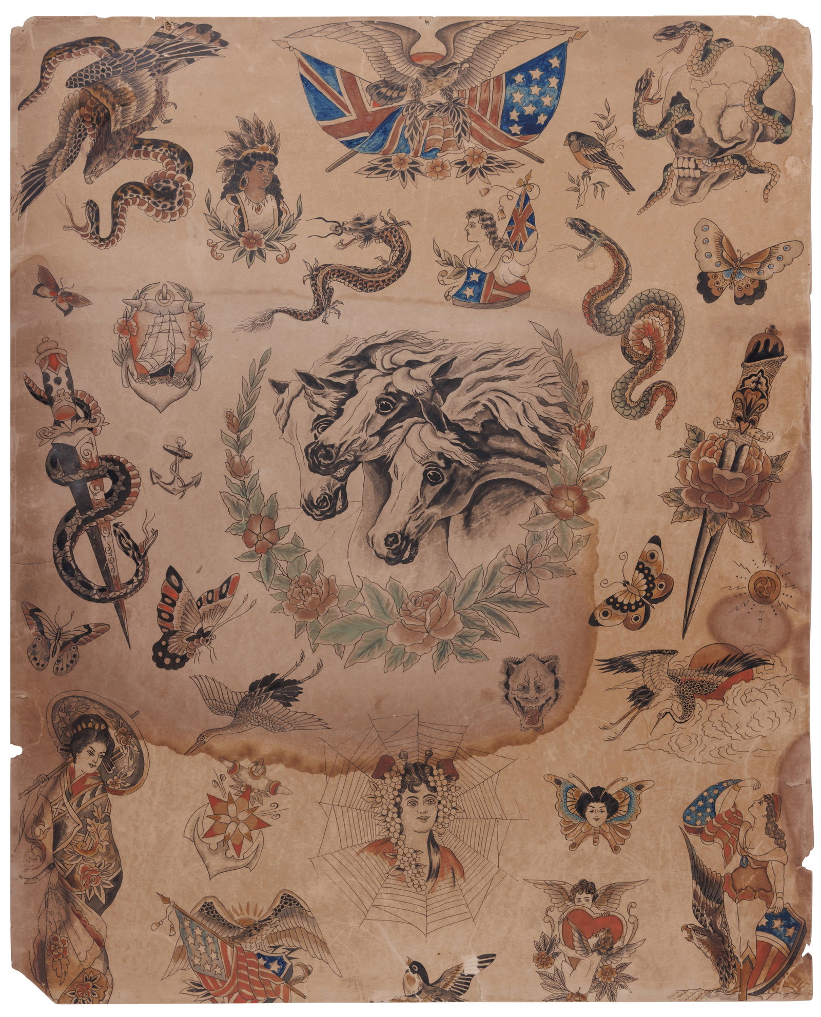 Pharaoh's Horses and Other Tattoo Designs by George Burchett (London, ca. 1905) 22 x 18 in. (55.9 x: Pharaoh's Horses and Other Tattoo Designs by George Burchett (London, ca. 1905) Large and exceptional hand-painted tattoo flash by famed British tattoo artist George Burchett (1872-1953), London, ca. 