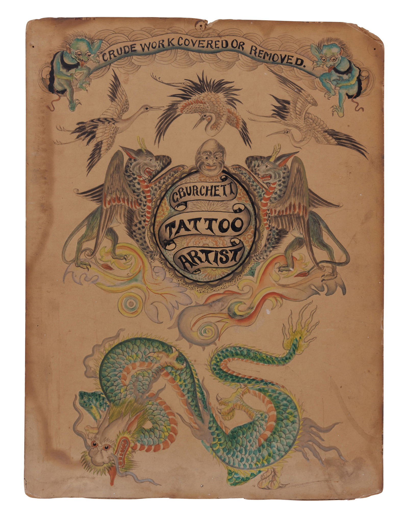 "Crude Work Covered" Tattoo Artist Shop Sign by George Burchett [Trade Sign - Japanese] (London, ca. (1 of 2)