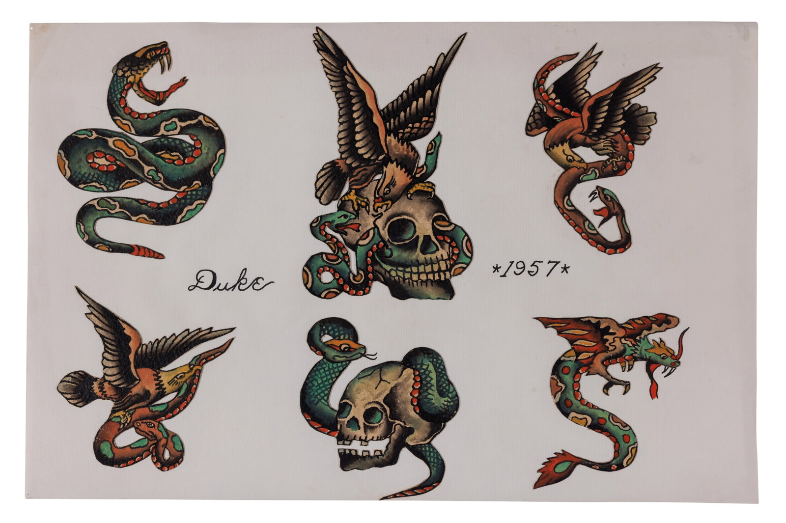 Snakes and Skulls Tattoo Designs by "Brooklyn Joe" Lieber and Duke Kaufman [Folk Art - Outsider]: Snakes and Skulls Tattoo Designs by "Brooklyn Joe" Lieber and Duke Kaufman [Folk Art - Outsider] (California, ca. 1950) Hand-painted tattoo flash by "Brooklyn Joe" Lieber (1888-1953), cut out and reas