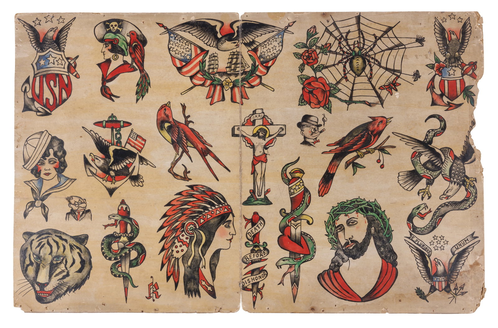 Christ and Other Traditional Tattoo Designs (America, ca. 1925) 13 1/4 x 21 in. (33.7 x 53.3 cm.): Christ and Other Traditional Tattoo Designs (America, ca. 1925) Hand-painted tattoo flash by unknown artist, America, ca. 1925. Featuring patriotic, cartoon, Japanese, and other traditional designs. I