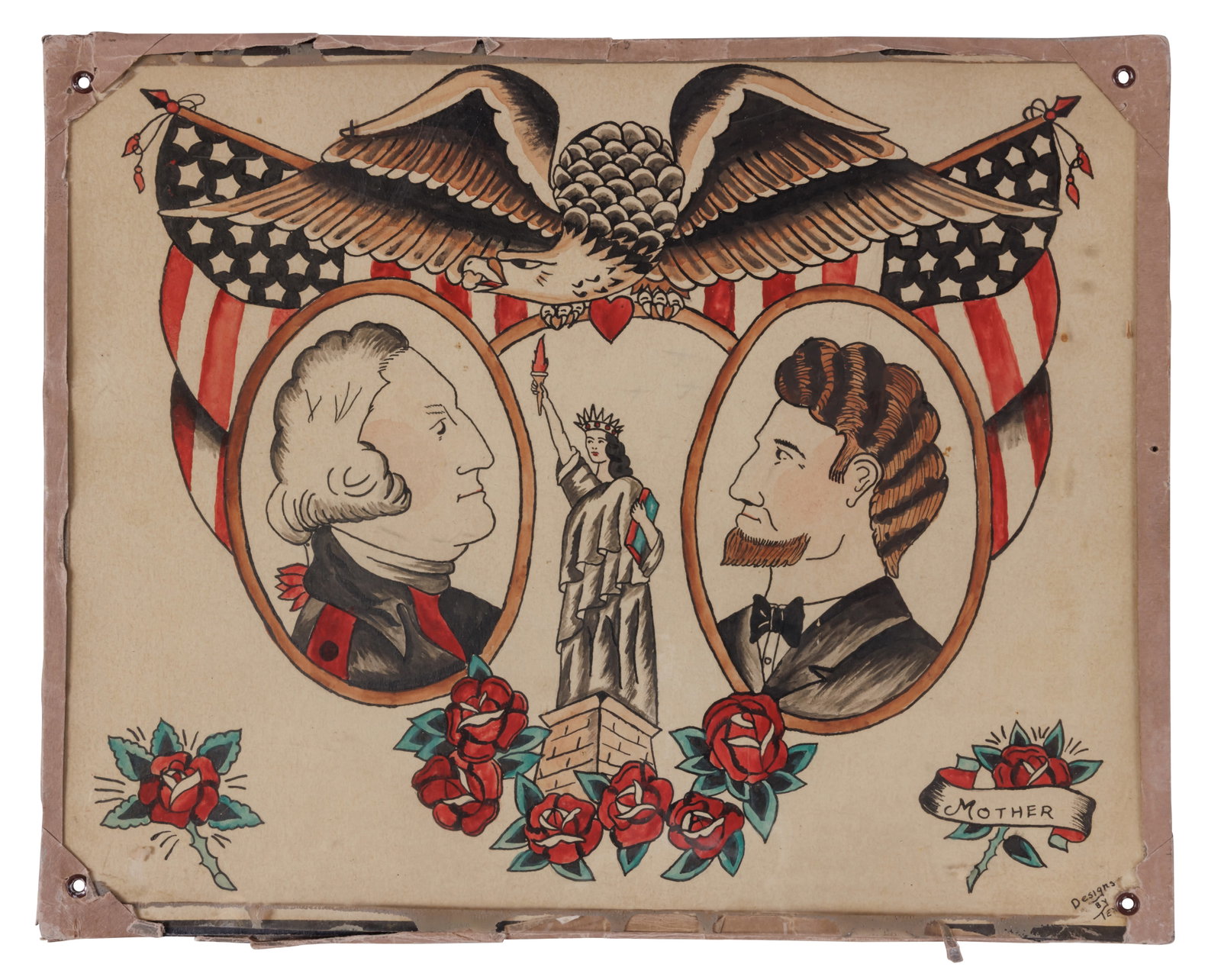 George Washington and Abraham Lincoln Tattoo Chest Piece by Tex [Revolutionary War - Folk Art] (1 of 2)