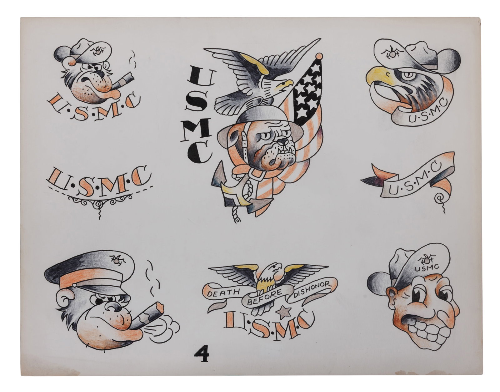 USMC Tattoo Designs by Paul Rogers [Marine Corps - Devil Dog] (America, ca. 1960) 11 x 14 in. (27.9: USMC Tattoo Designs by Paul Rogers [Marine Corps - Devil Dog] (America, ca. 1960) Hand-drawn tattoo flash by Paul Rogers (1905-1990), ca. 1960. Ink and colored pencil on board. 11 x 14 in. (27.9 x 35.
