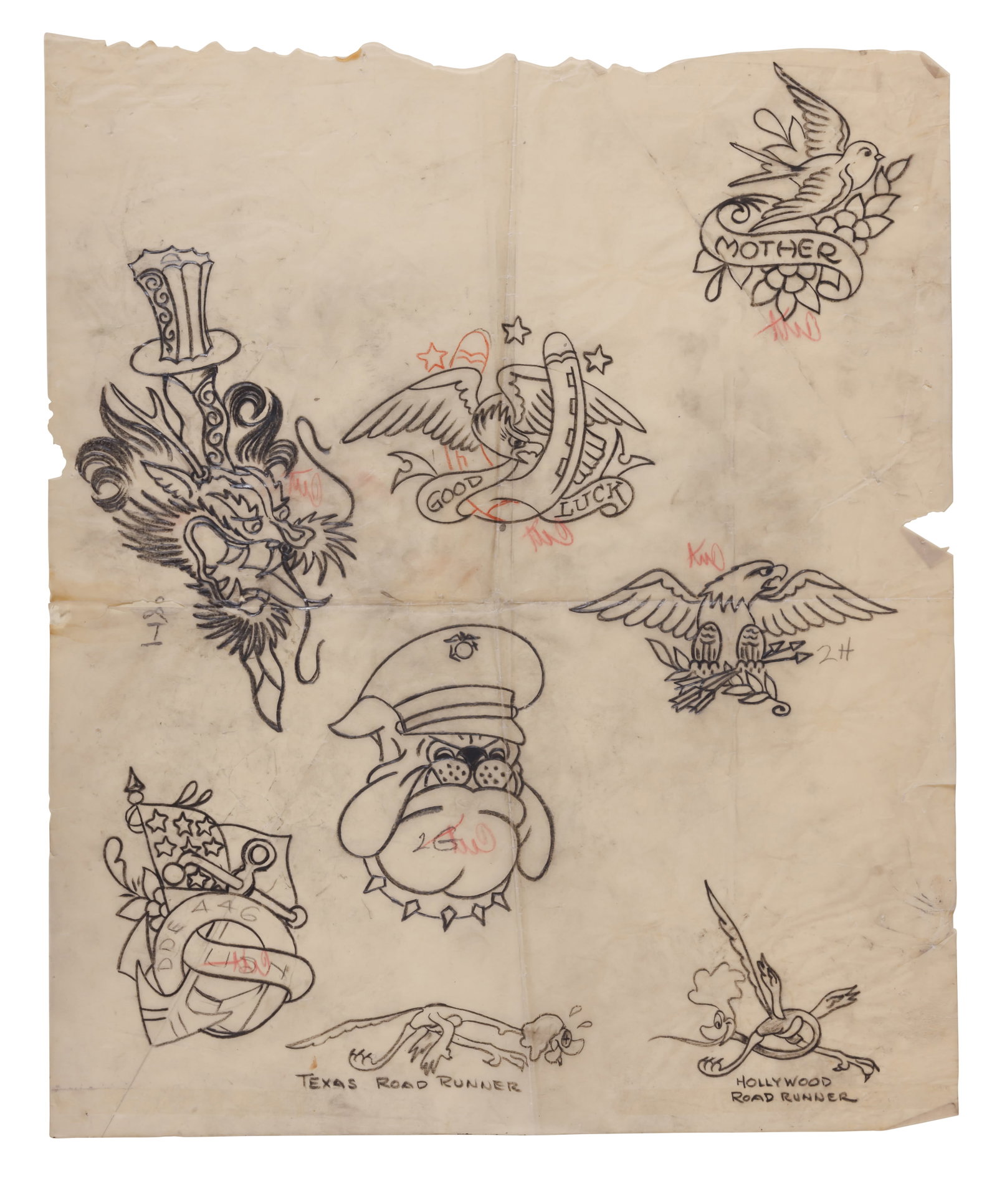 "Texas Roadrunner" and Other Tattoo Design by "Sailor Jerry" [Folk Art - Hollywood], (Honolulu, ca.: "Texas Roadrunner" and Other Tattoo Design by "Sailor Jerry" [Folk Art - Hollywood] (Honolulu, ca. 1950) Sheet of hand-drawn tattoo stencils by Norman Keith Collins (1911-1973), better known as ?Sailo
