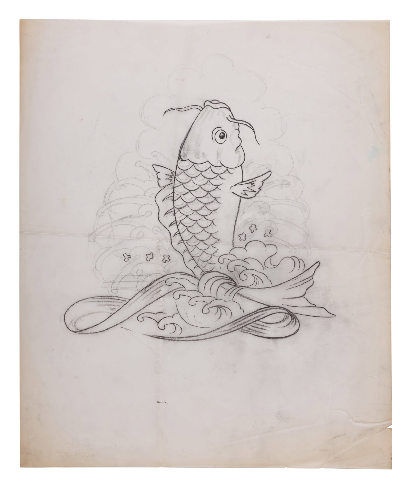 Large Leaping Koi Tattoo Design by "Sailor Jerry" Collins (Honolulu, ca. 1960) 17 x 13 3/4 in. (43.2: Large Leaping Koi Tattoo Design by "Sailor Jerry" Collins (Honolulu, ca. 1960) Hand-drawn tattoo design by Norman Keith Collins (1911-1973), better known as ?Sailor Jerry,? Honolulu, Hawaii, ca. 1960.